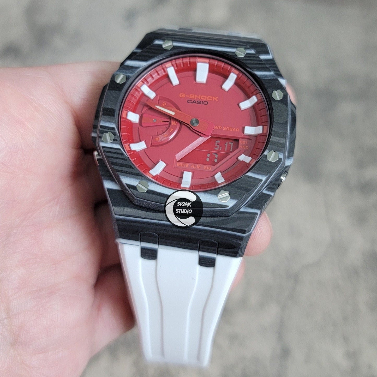 Casioak Mod Watch Carbon Black Case White Strap Time Mark Red Dial 44mm- Casioak Mod Casio G-Shock Royal Oak Custom Mens Luxury Watches Ga2100