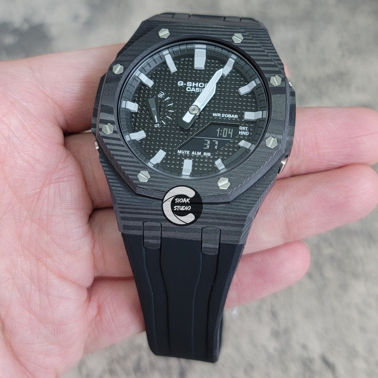 Casioak Mod Watch Carbon Fiber Black Case Black Strap Black Grey Time Mark Black Waffle Dial 44mm- Casioak Mod Casio G-Shock Royal Oak Custom Mens Luxury Watches Ga2100