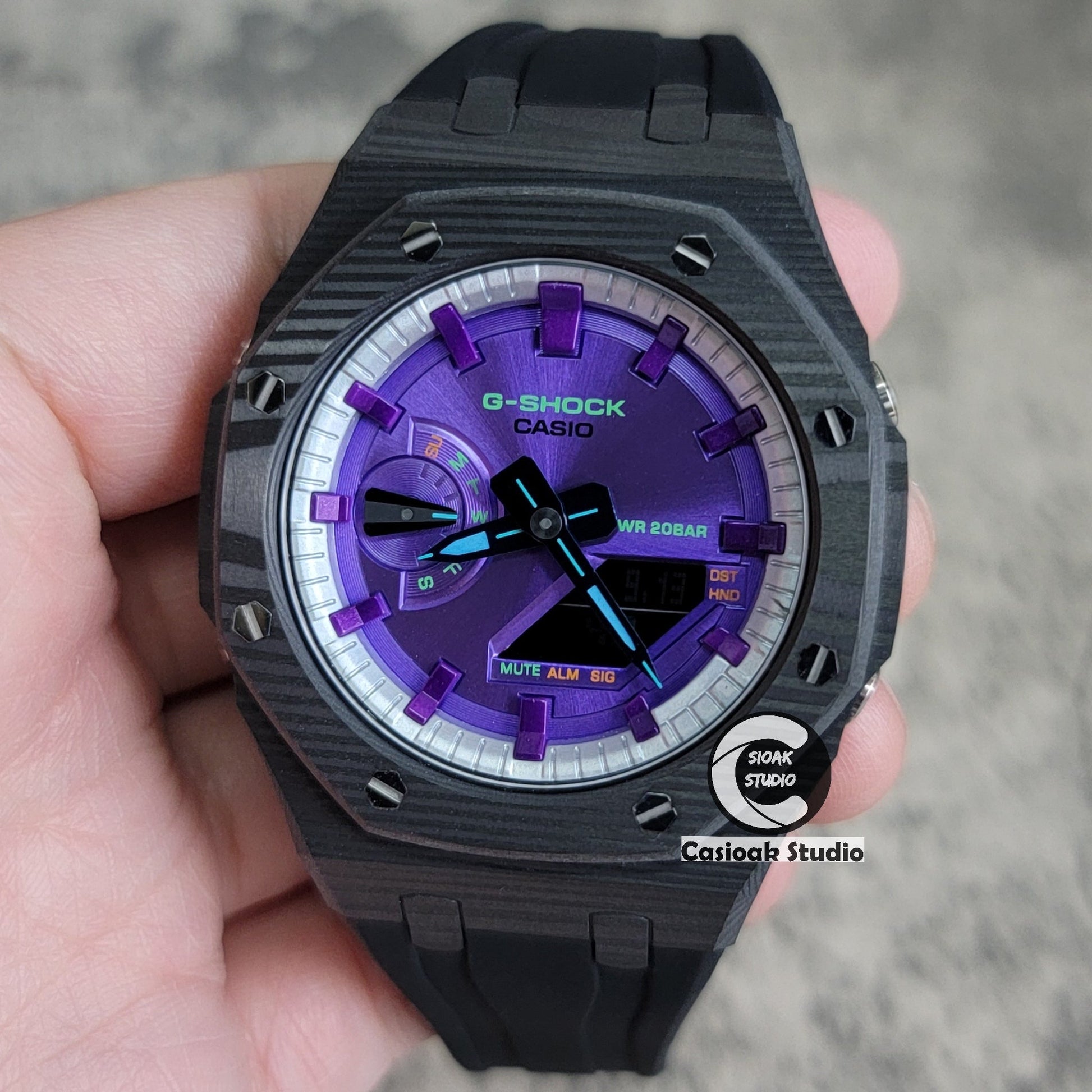 Casioak Mod Watch Carbon Fiber Black Case Black Strap Silver Purple Time Mark Purple Dial 44mm- Casioak Mod Casio G-Shock Royal Oak Custom Mens Luxury Watches Ga2100