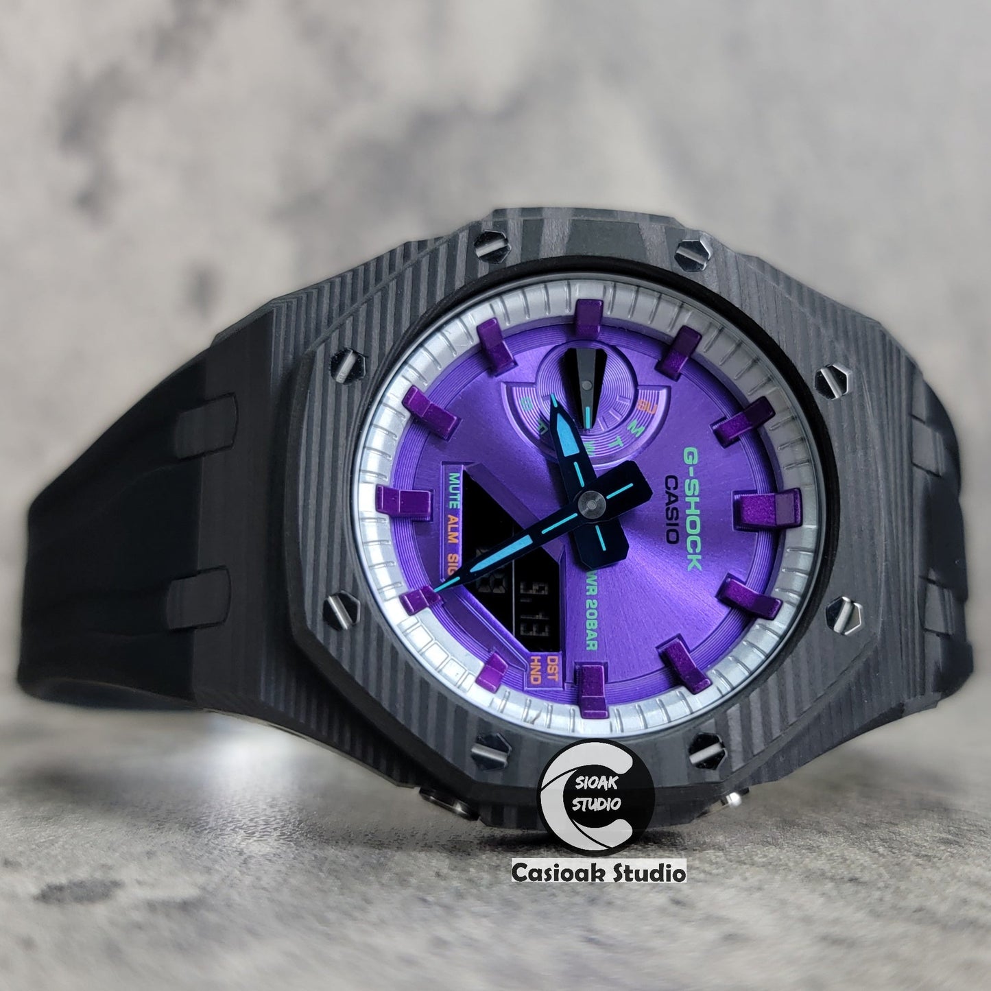 Casioak Mod Watch Carbon Fiber Black Case Black Strap Silver Purple Time Mark Purple Dial 44mm- Casioak Mod Casio G-Shock Royal Oak Custom Mens Luxury Watches Ga2100