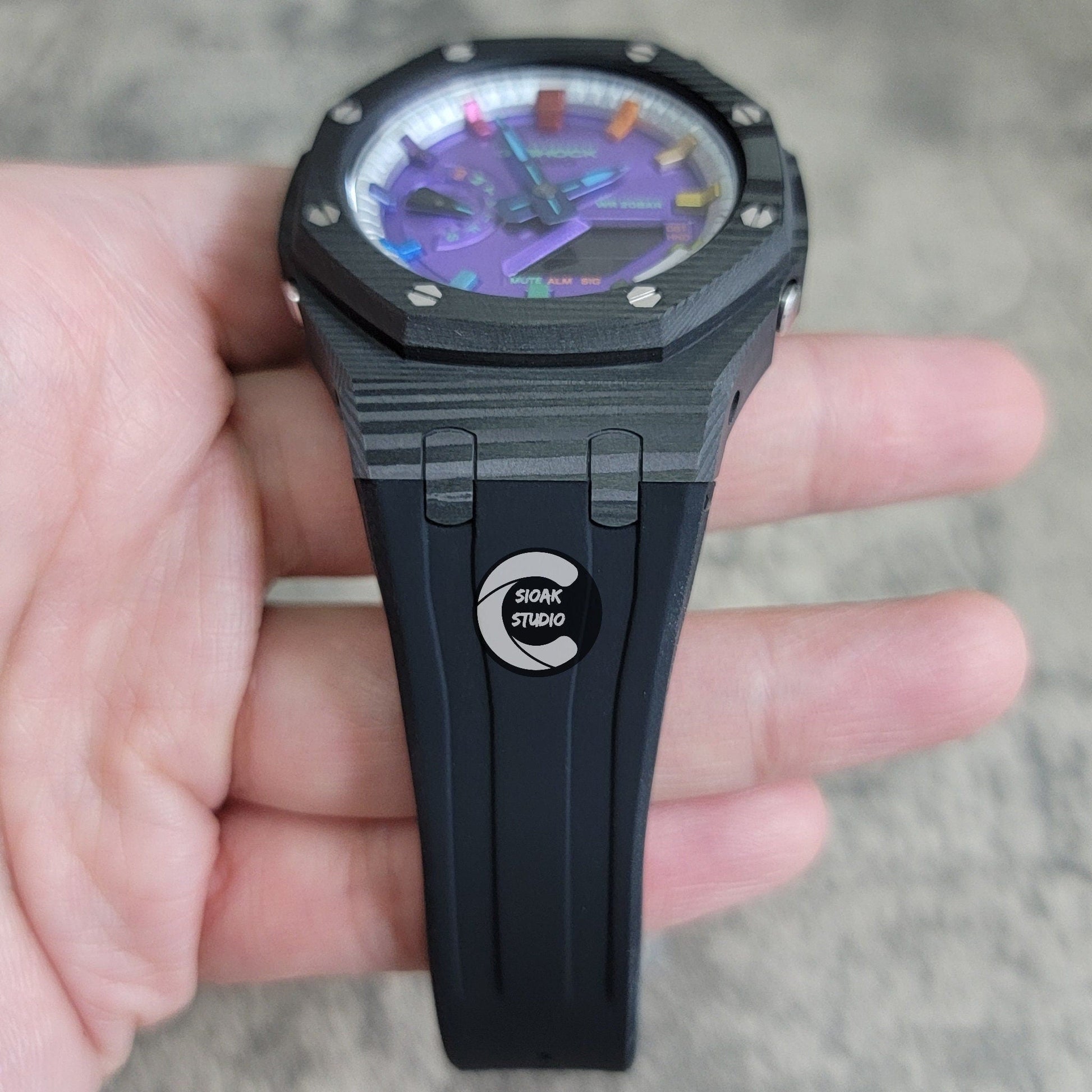 Casioak Mod Watch Carbon Fiber Black Case Black Strap Silver Rainbow Time Mark Purple Dial 44mm- Casioak Mod Casio G-Shock Royal Oak Custom Mens Luxury Watches Ga2100