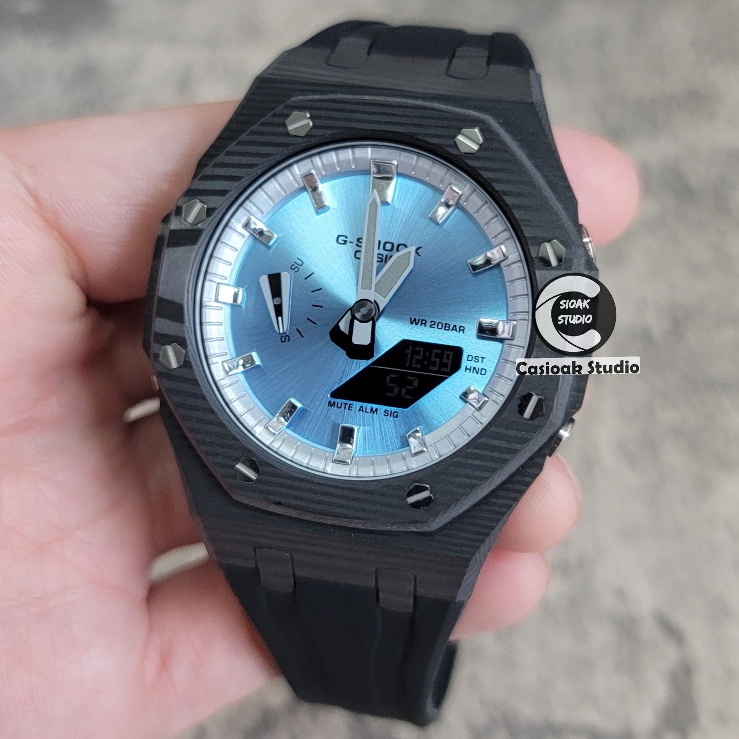 Casioak Mod Watch Carbon Fiber Black Case Black Strap Silver Time Mark Bllue Dial 44mm- Casioak Mod Casio G-Shock Royal Oak Custom Mens Luxury Watches Ga2100