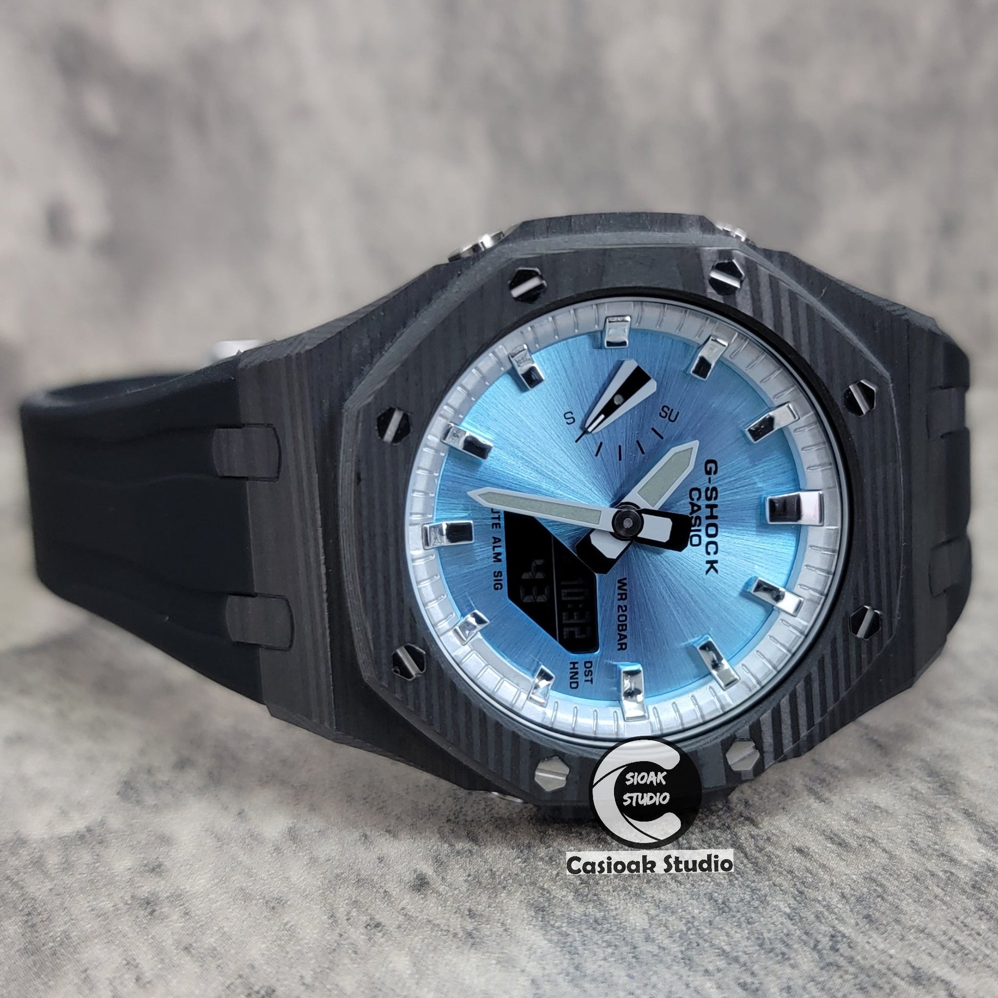 Casioak Mod Watch Carbon Fiber Black Case Black Strap Silver Time Mark Bllue Dial 44mm- Casioak Mod Casio G-Shock Royal Oak Custom Mens Luxury Watches Ga2100