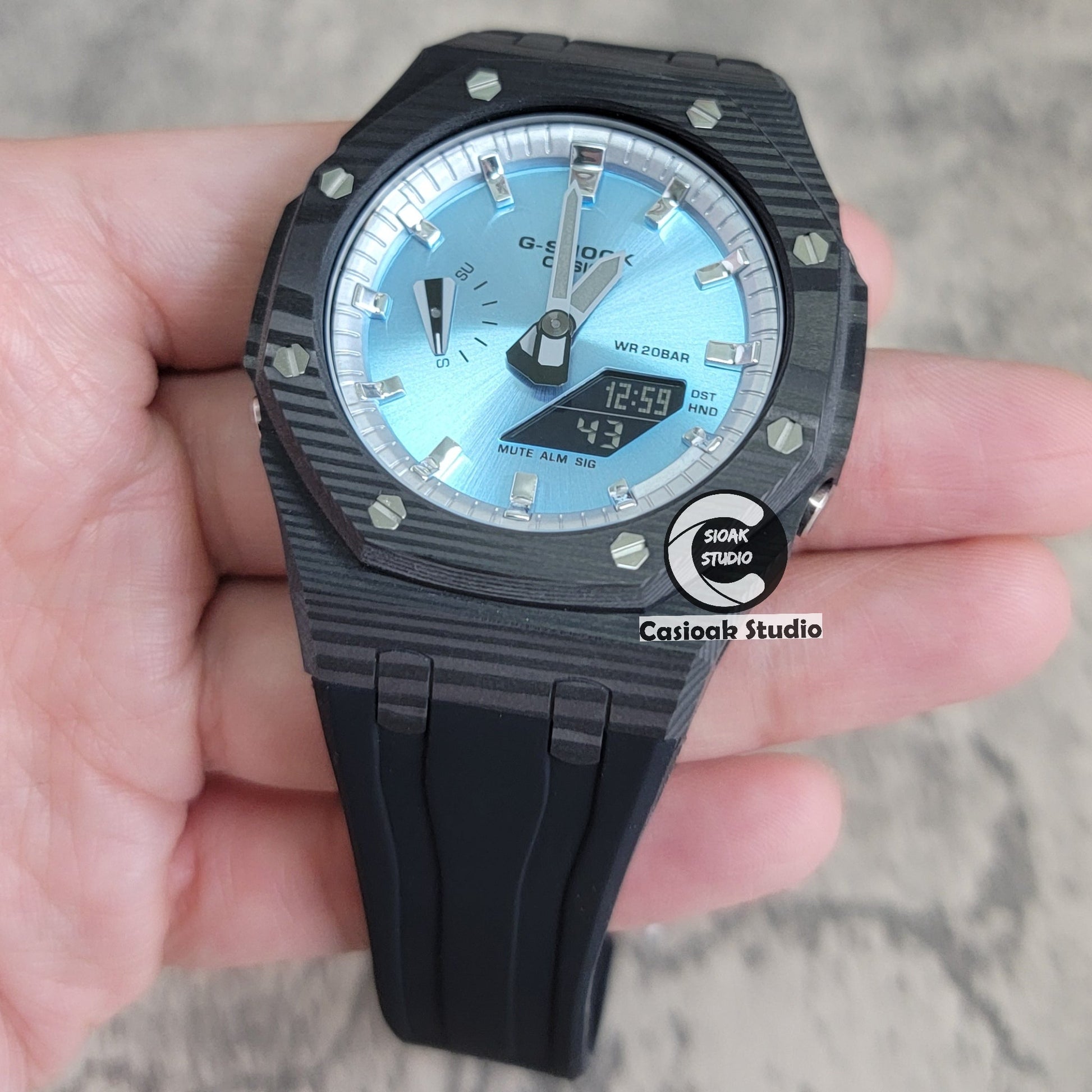 Casioak Mod Watch Carbon Fiber Black Case Black Strap Silver Time Mark Bllue Dial 44mm- Casioak Mod Casio G-Shock Royal Oak Custom Mens Luxury Watches Ga2100