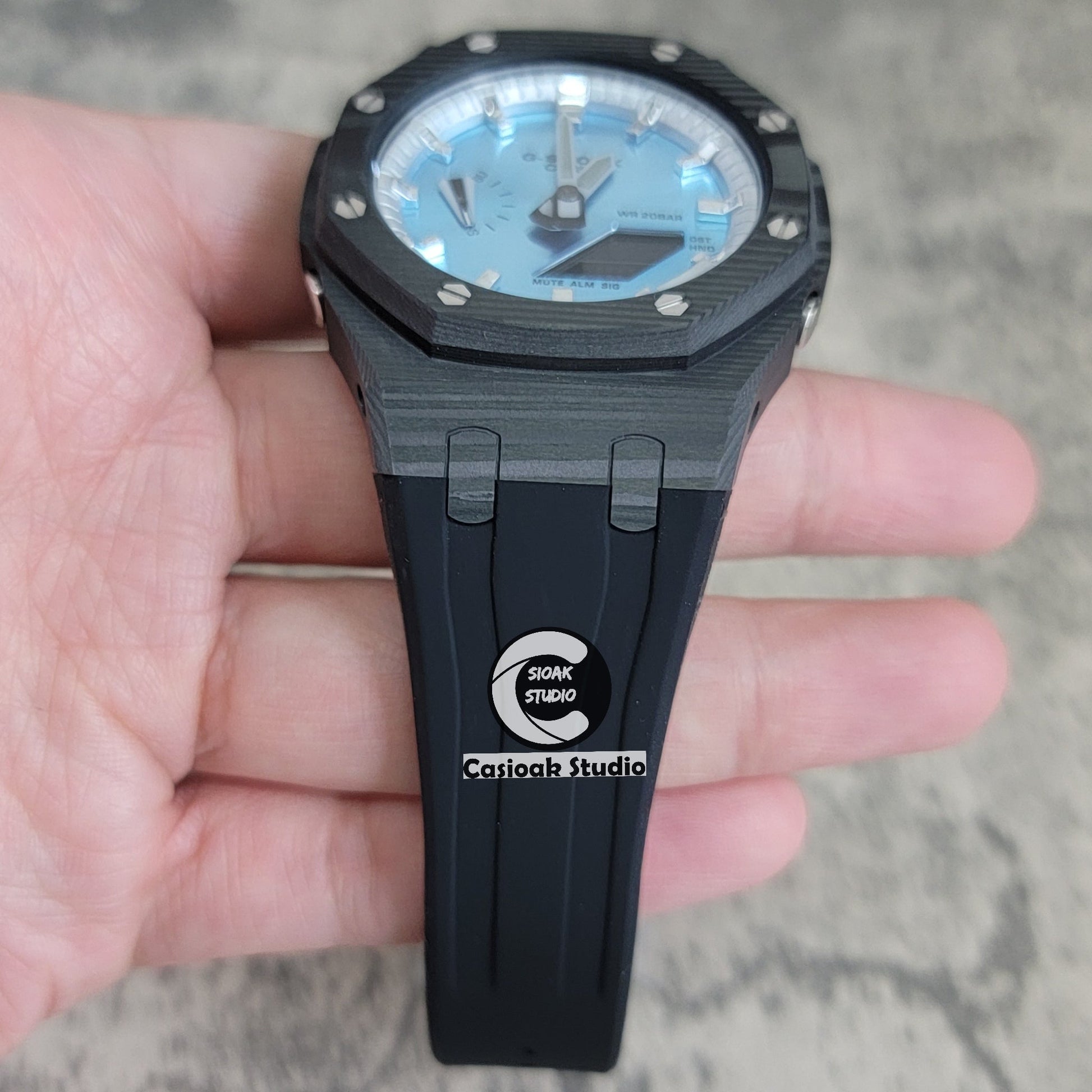 Casioak Mod Watch Carbon Fiber Black Case Black Strap Silver Time Mark Bllue Dial 44mm- Casioak Mod Casio G-Shock Royal Oak Custom Mens Luxury Watches Ga2100