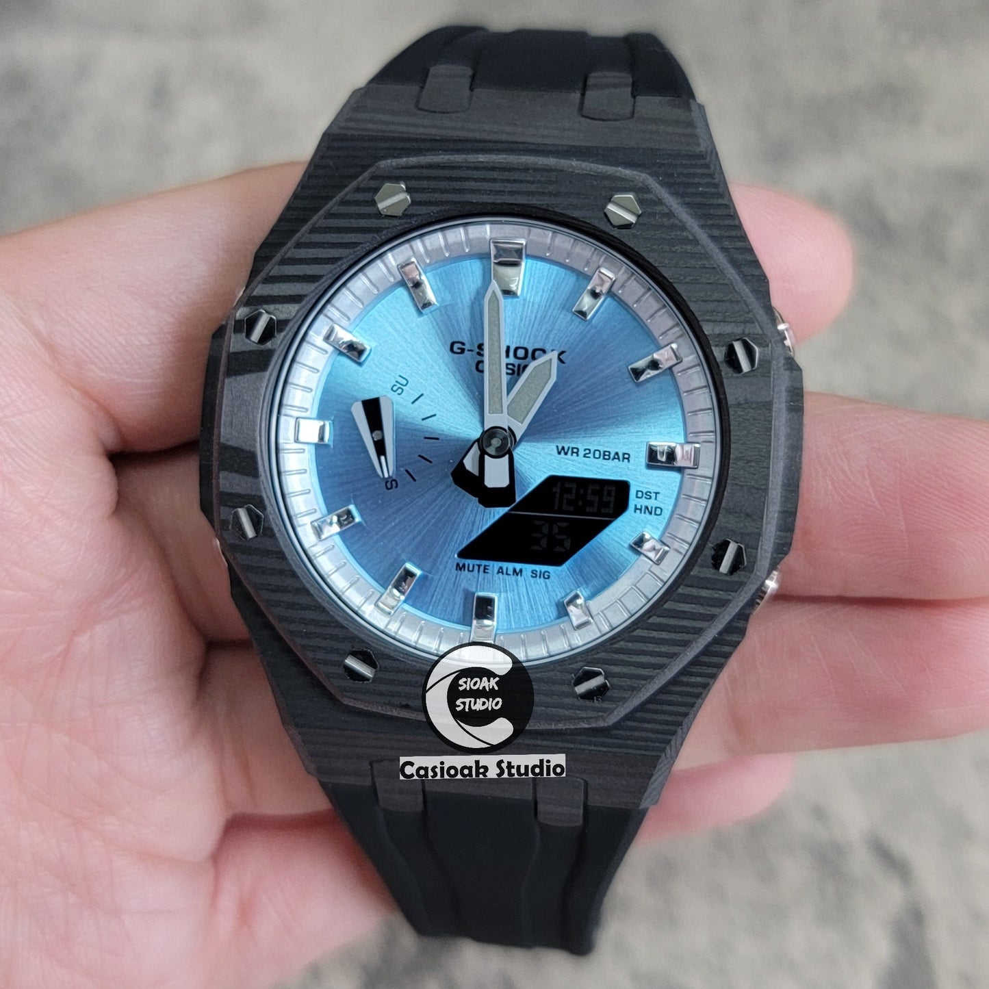 Casioak Mod Watch Carbon Fiber Black Case Black Strap Silver Time Mark Bllue Dial 44mm- Casioak Mod Casio G-Shock Royal Oak Custom Mens Luxury Watches Ga2100