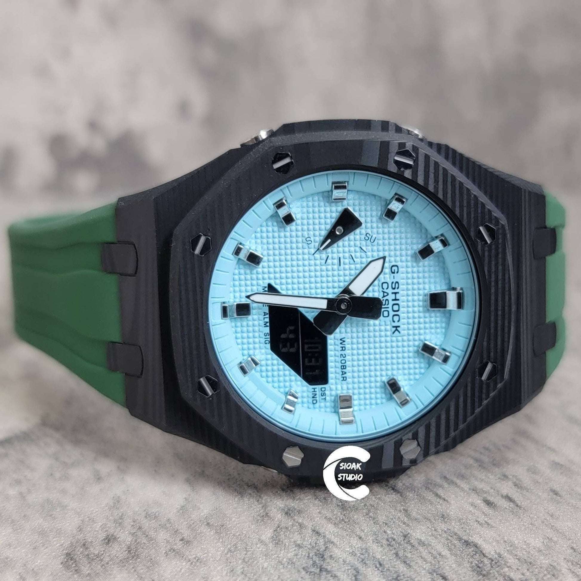 Casioak Mod Watch Carbon Fiber Black Case Green Strap Tiff Silver Time Mark Tiff Dial 44mm- Casioak Mod Casio G-Shock Royal Oak Custom Mens Luxury Watches Ga2100