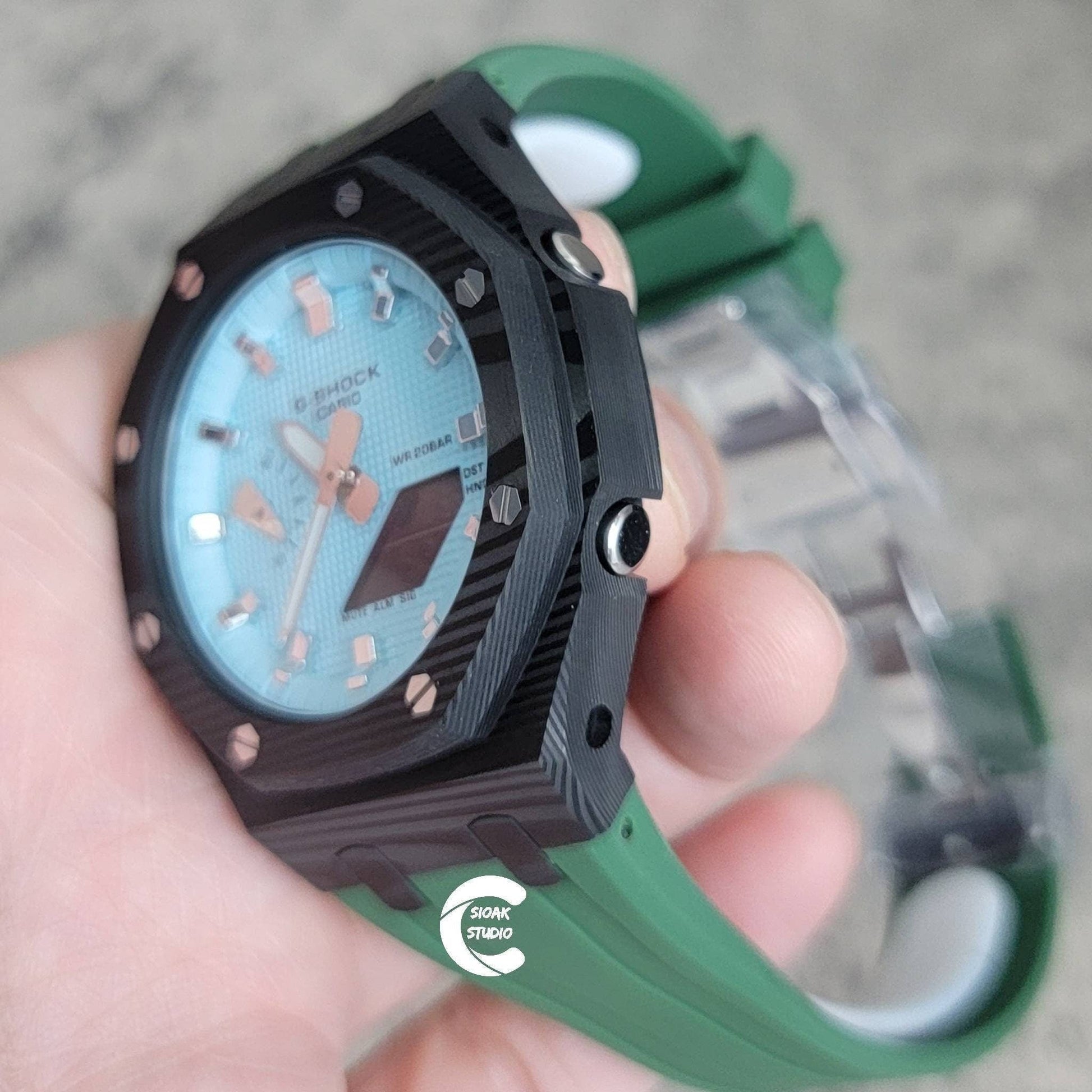 Casioak Mod Watch Carbon Fiber Black Case Green Strap Tiff Silver Time Mark Tiff Dial 44mm- Casioak Mod Casio G-Shock Royal Oak Custom Mens Luxury Watches Ga2100