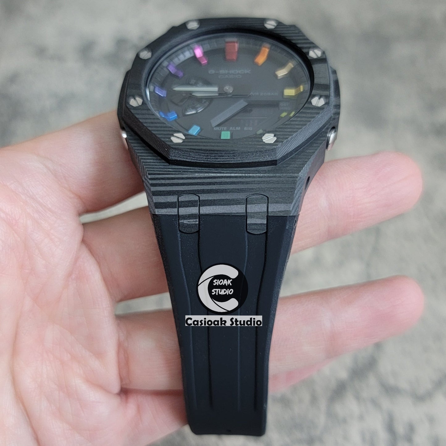 Casioak Mod Watch Carbon Fiber Case Black Strap Black Rainbow Time Mark Black Dial 44mm- Casioak Mod Casio G-Shock Royal Oak Custom Mens Luxury Watches Ga2100