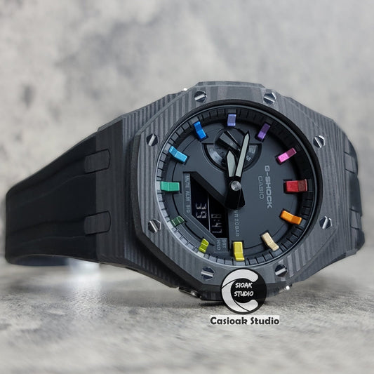 Casioak Mod Watch Carbon Fiber Case Black Strap Black Rainbow Time Mark Black Dial 44mm- Casioak Mod Casio G-Shock Royal Oak Custom Mens Luxury Watches Ga2100