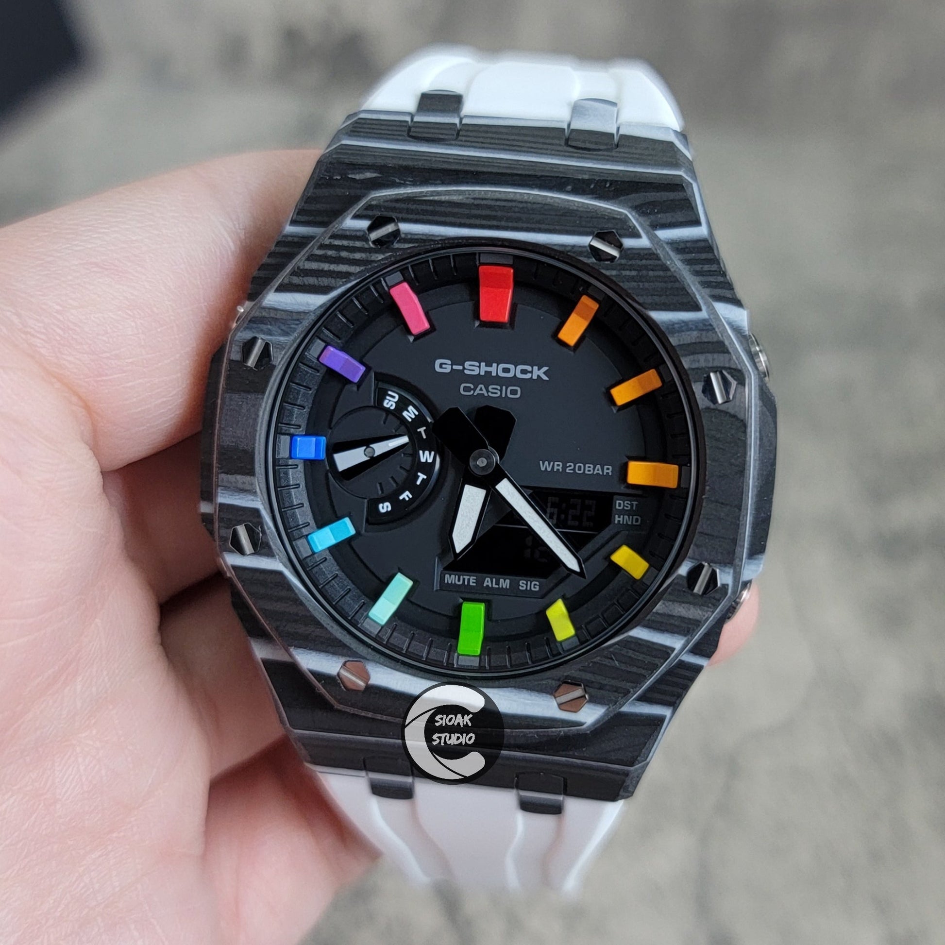 Casioak Mod Watch Carbon Fiber Case White Strap Black Rainbow Time Mark Black Dial 44mm- Casioak Mod Casio G-Shock Royal Oak Custom Mens Luxury Watches Ga2100