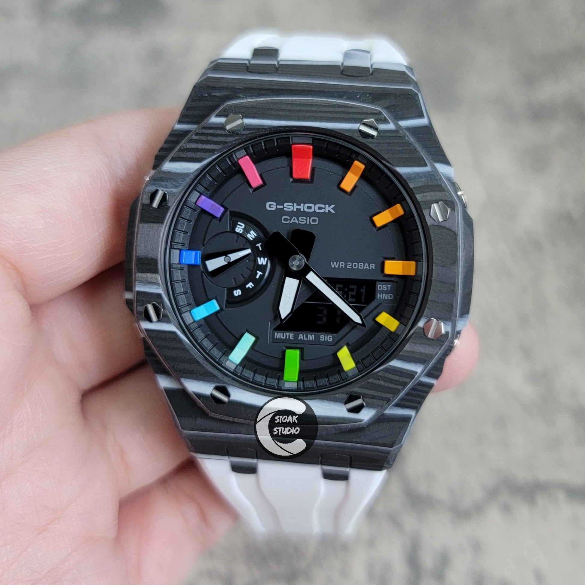 Casioak Mod Watch Carbon Fiber Case White Strap Black Rainbow Time Mark Black Dial 44mm- Casioak Mod Casio G-Shock Royal Oak Custom Mens Luxury Watches Ga2100