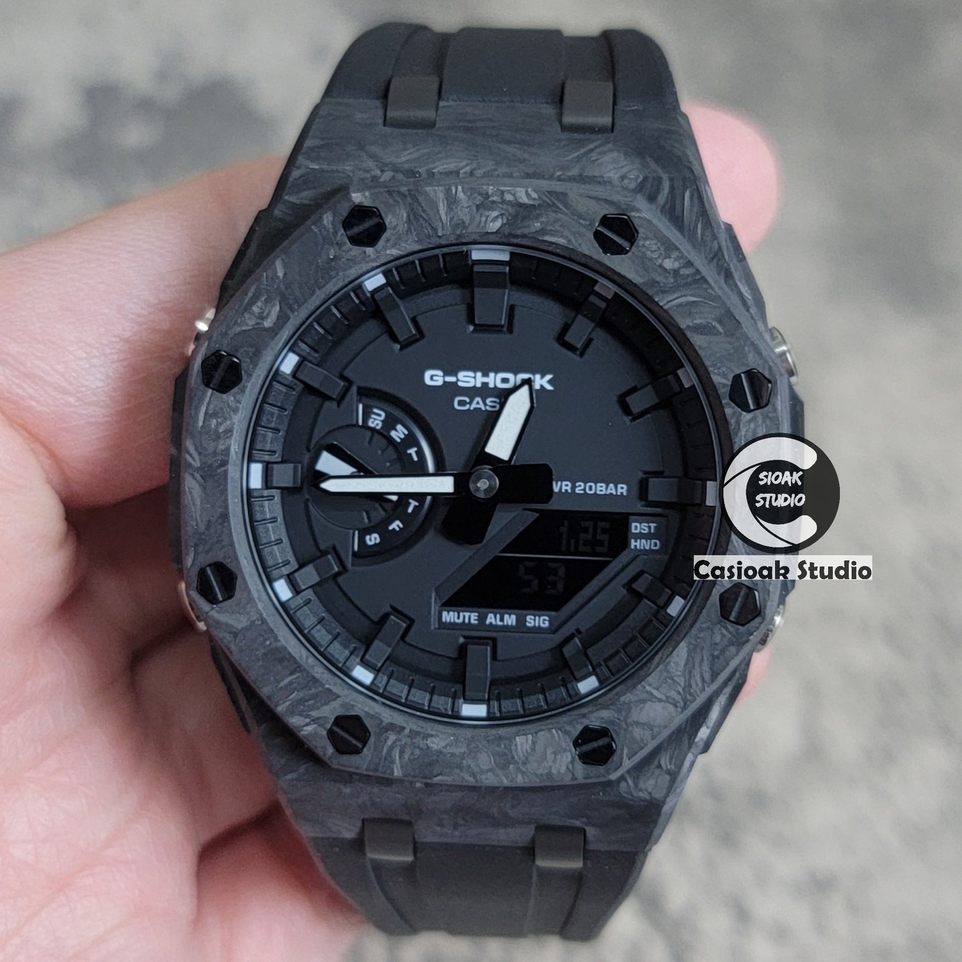 Casioak Mod Watch Carbon Fiber Offshore Superior Black Case Black Strap Black Time Mark Black Dial 44mm- Casioak Mod Casio G-Shock Royal Oak Custom Mens Luxury Watches Ga2100