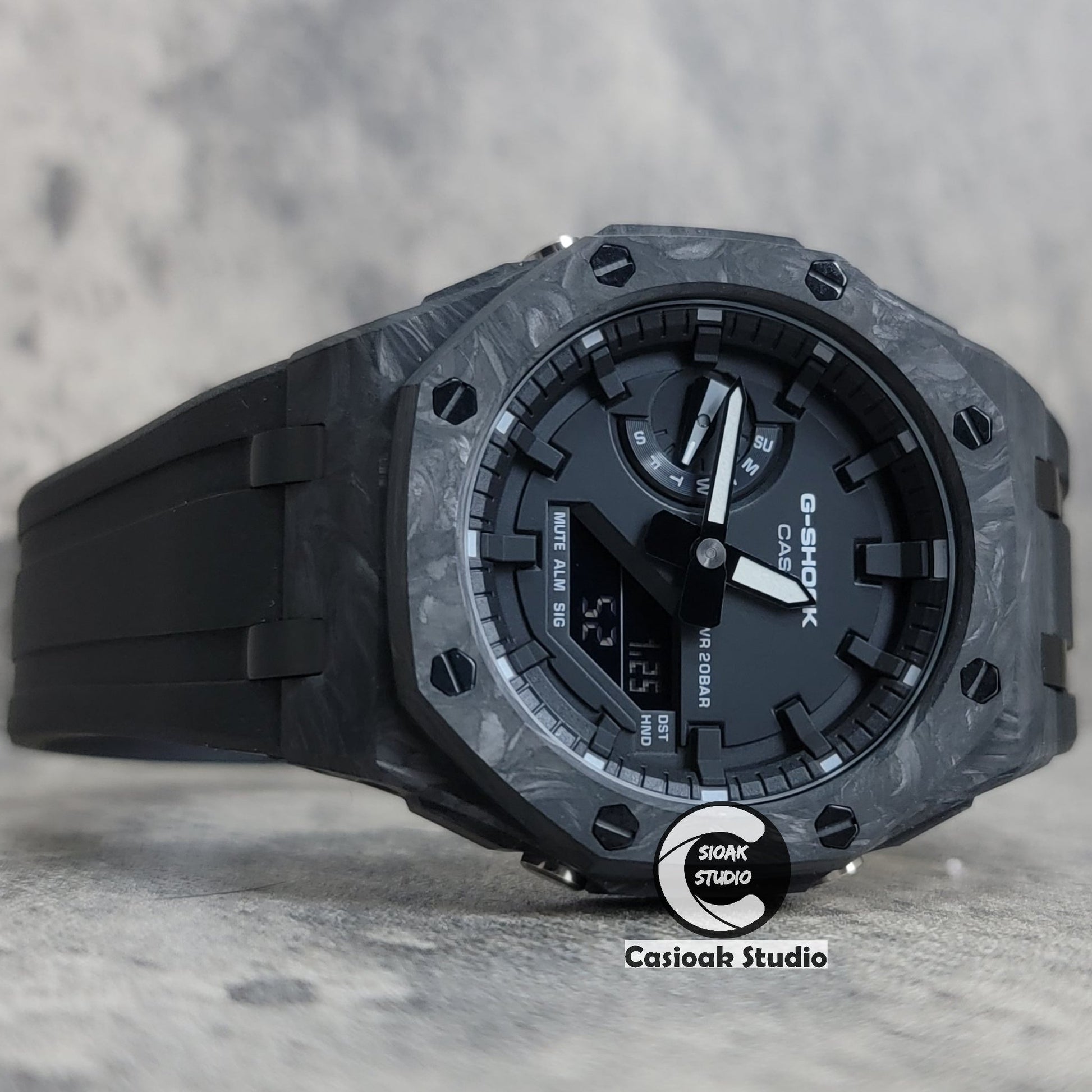 Casioak Mod Watch Carbon Fiber Offshore Superior Black Case Black Strap Black Time Mark Black Dial 44mm- Casioak Mod Casio G-Shock Royal Oak Custom Mens Luxury Watches Ga2100