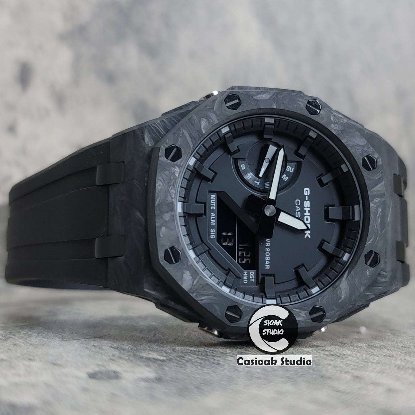 Casioak Mod Watch Carbon Fiber Offshore Superior Black Case Black Strap Black Time Mark Black Dial 44mm- Casioak Mod Casio G-Shock Royal Oak Custom Mens Luxury Watches Ga2100