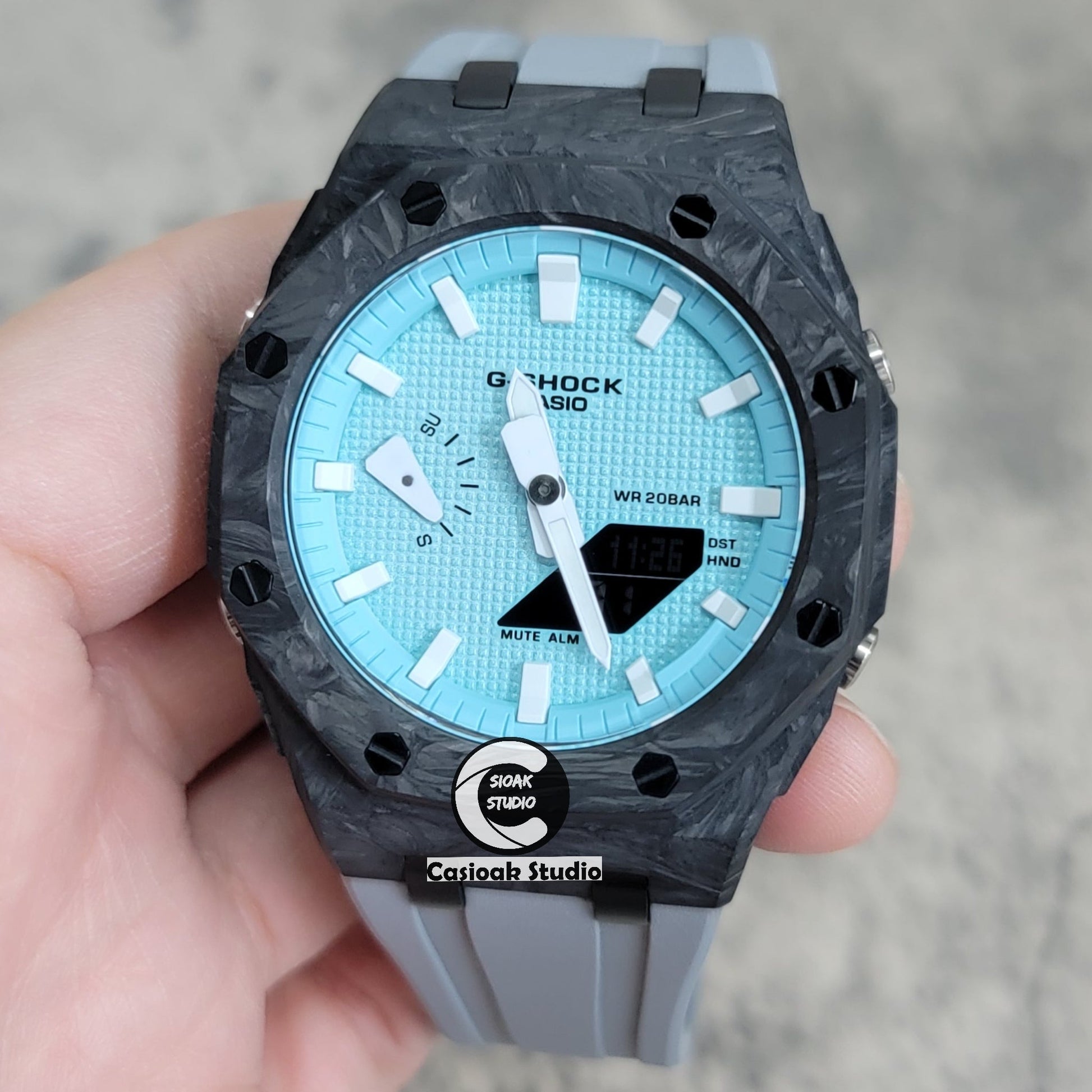 Casioak Mod Watch Carbon Fiber Offshore Superior Black Case Gray Strap Blue White Time Mark Tiff Blue Dial 44mm- Casioak Mod Casio G-Shock Royal Oak Custom Mens Luxury Watches Ga2100