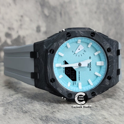 Casioak Mod Watch Carbon Fiber Offshore Superior Black Case Gray Strap Blue White Time Mark Tiff Blue Dial 44mm- Casioak Mod Casio G-Shock Royal Oak Custom Mens Luxury Watches Ga2100