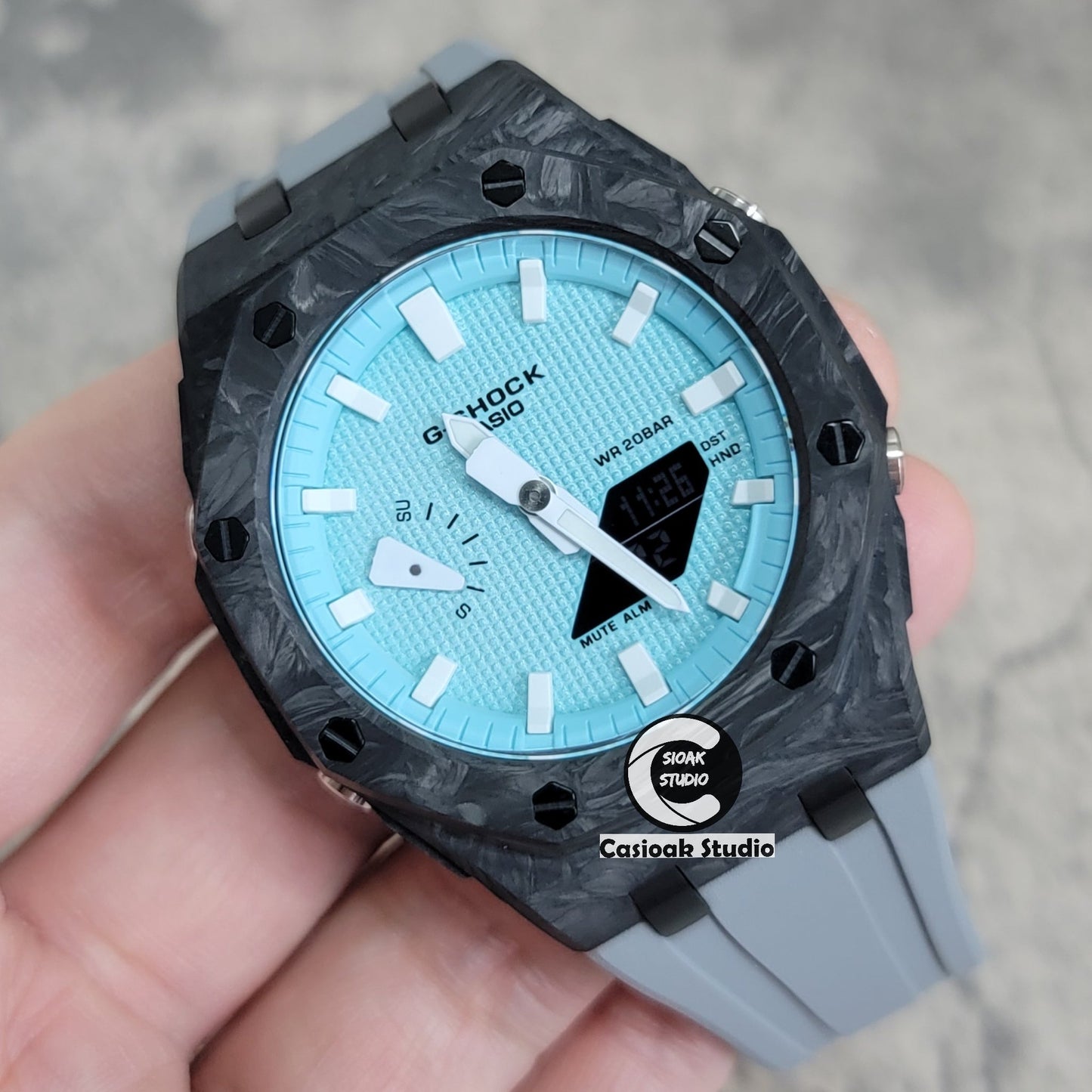 Casioak Mod Watch Carbon Fiber Offshore Superior Black Case Gray Strap Blue White Time Mark Tiff Blue Dial 44mm- Casioak Mod Casio G-Shock Royal Oak Custom Mens Luxury Watches Ga2100