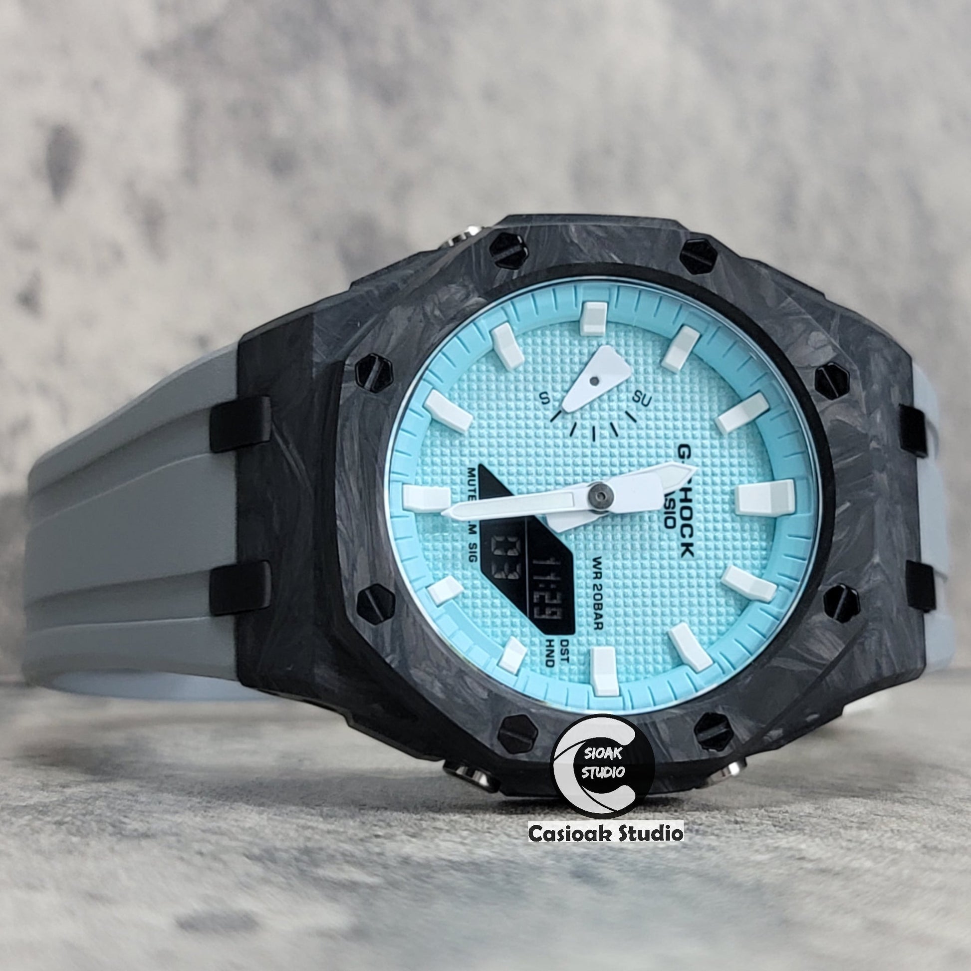 Casioak Mod Watch Carbon Fiber Offshore Superior Black Case Gray Strap Blue White Time Mark Tiff Blue Dial 44mm- Casioak Mod Casio G-Shock Royal Oak Custom Mens Luxury Watches Ga2100