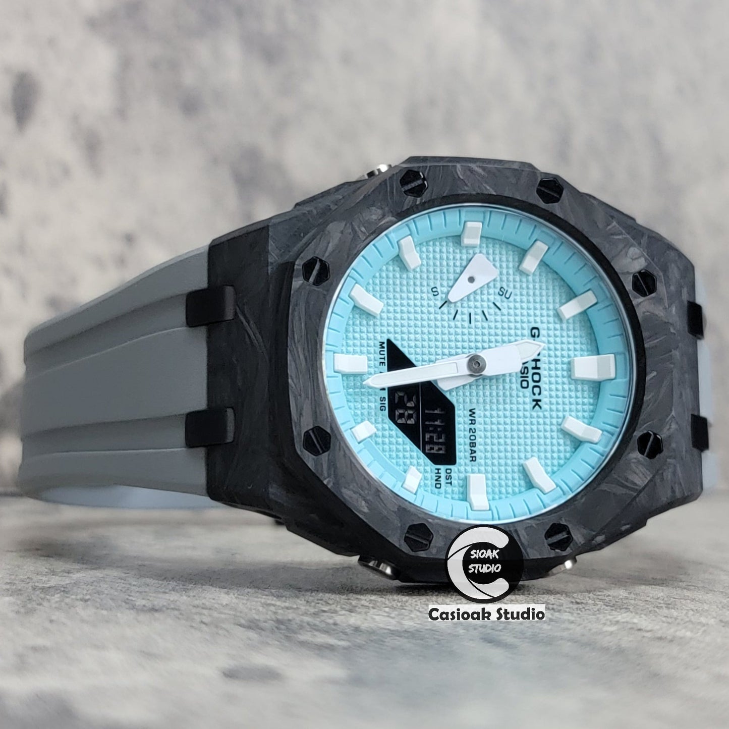 Casioak Mod Watch Carbon Fiber Offshore Superior Black Case Gray Strap Blue White Time Mark Tiff Blue Dial 44mm- Casioak Mod Casio G-Shock Royal Oak Custom Mens Luxury Watches Ga2100