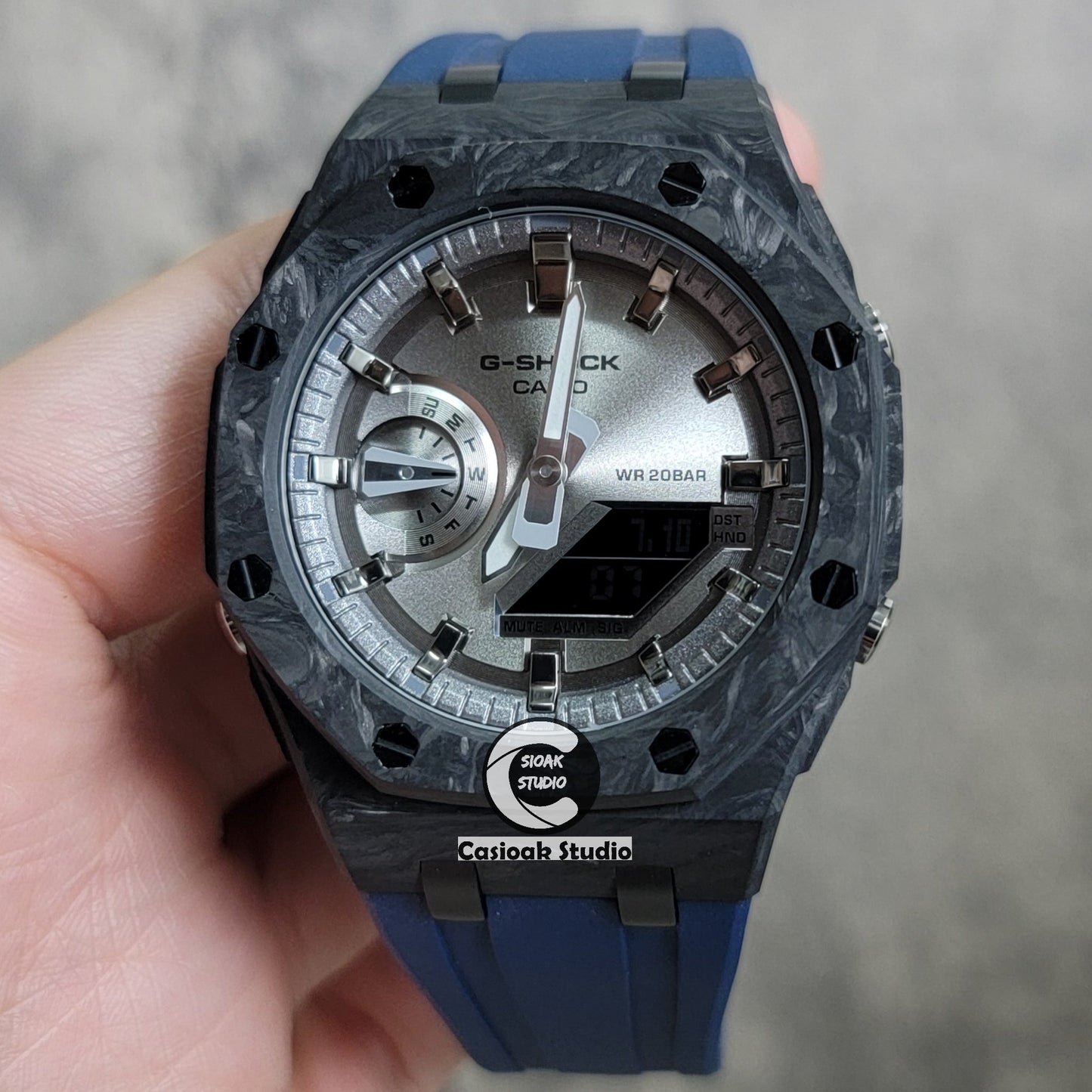 Casioak Mod Watch Carbon Fiber Offshore Superior Black Case Navy Strap Silver Grey Time Mark Silver Grey Dial 44mm- Casioak Mod Casio G-Shock Royal Oak Custom Mens Luxury Watches Ga2100