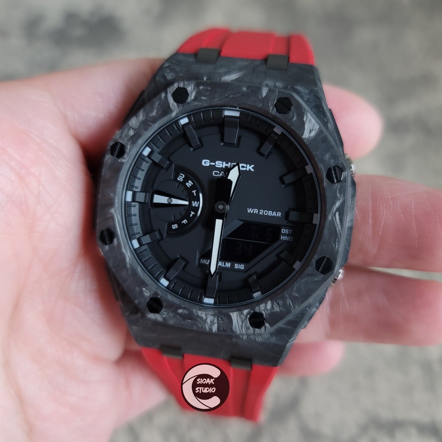 Casioak Mod Watch Carbon Fiber Offshore Superior Black Case Red Strap Black Time Mark Black Dial 44mm- Casioak Mod Casio G-Shock Royal Oak Custom Mens Luxury Watches Ga2100