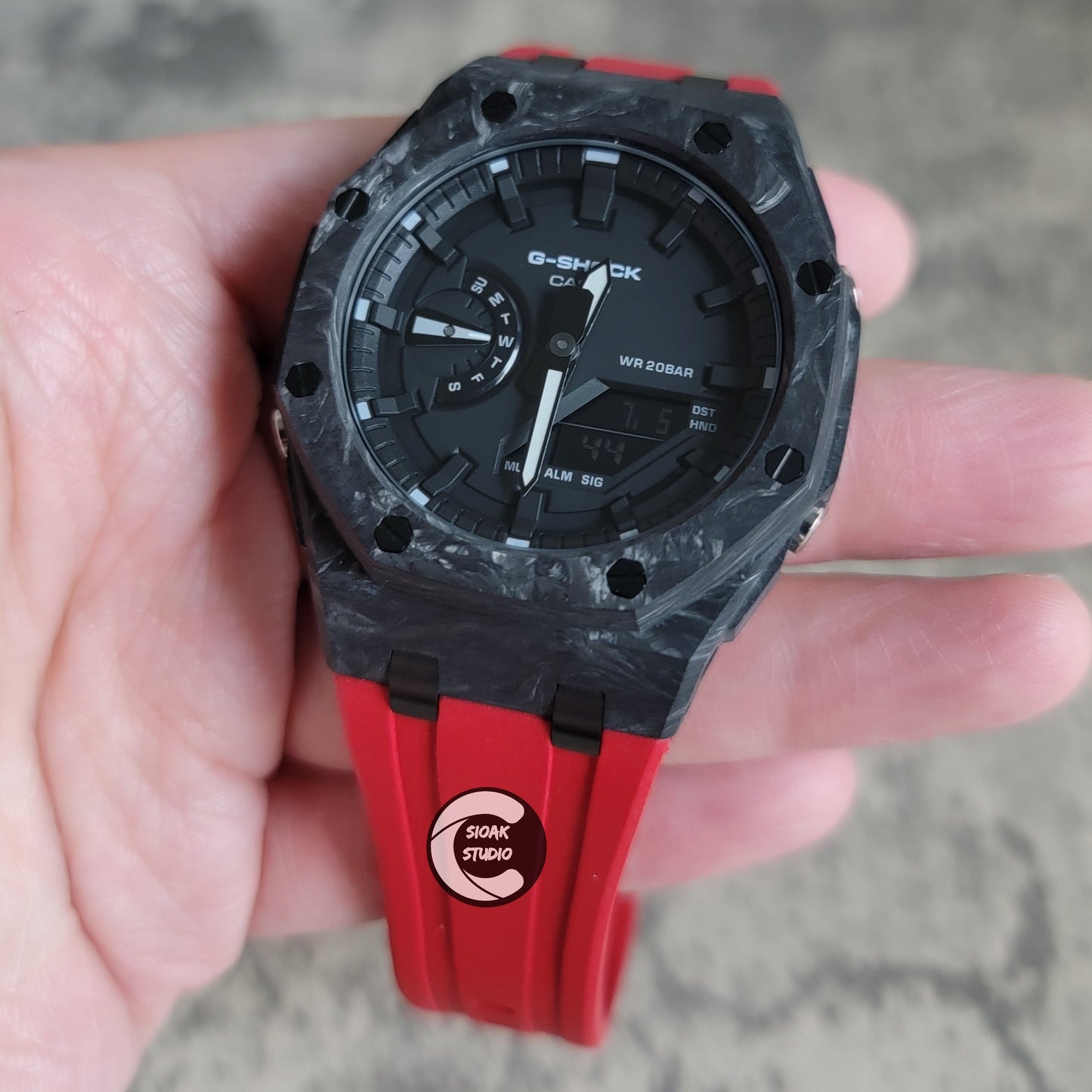 Casioak Mod Watch Carbon Fiber Offshore Superior Black Case Red Strap Black Time Mark Black Dial 44mm- Casioak Mod Casio G-Shock Royal Oak Custom Mens Luxury Watches Ga2100