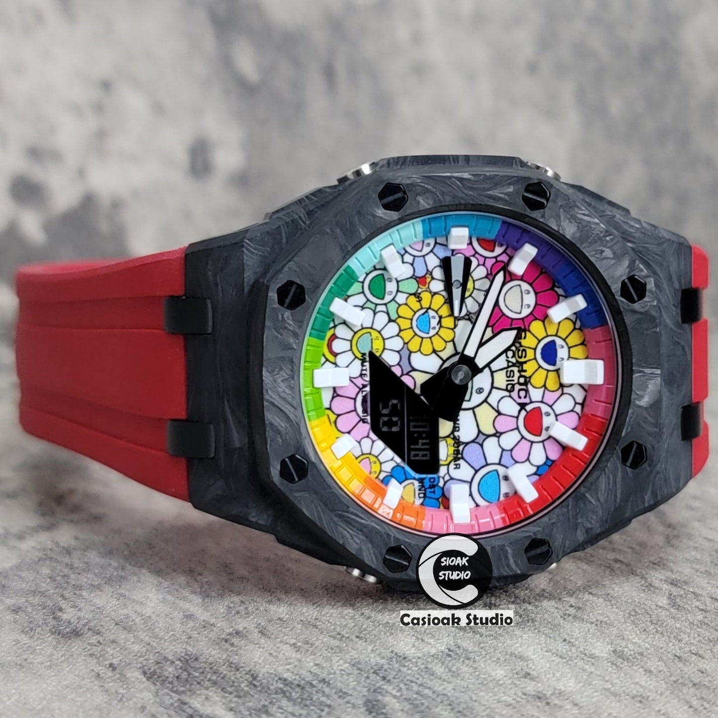 Casioak Mod Watch Carbon Fiber Offshore Superior Black Case Red Strap Blue Rainbow White Time Mark Takashi Murakami Dial 44mm- Casioak Mod Casio G-Shock Royal Oak Custom Mens Luxury Watches Ga2100