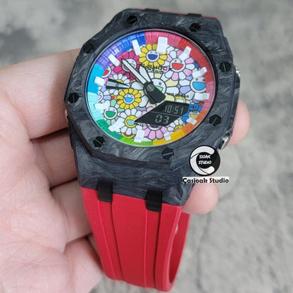 Casioak Mod Watch Carbon Fiber Offshore Superior Black Case Red Strap Blue Rainbow White Time Mark Takashi Murakami Dial 44mm- Casioak Mod Casio G-Shock Royal Oak Custom Mens Luxury Watches Ga2100