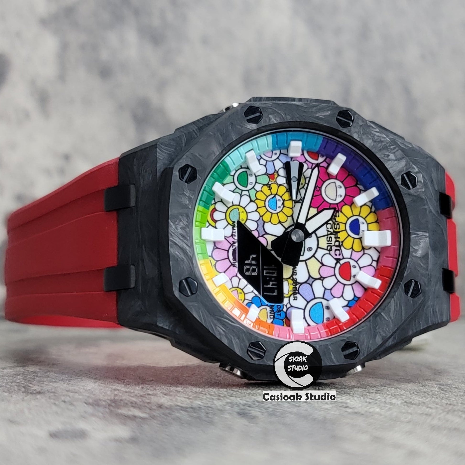 Casioak Mod Watch Carbon Fiber Offshore Superior Black Case Red Strap Blue Rainbow White Time Mark Takashi Murakami Dial 44mm- Casioak Mod Casio G-Shock Royal Oak Custom Mens Luxury Watches Ga2100