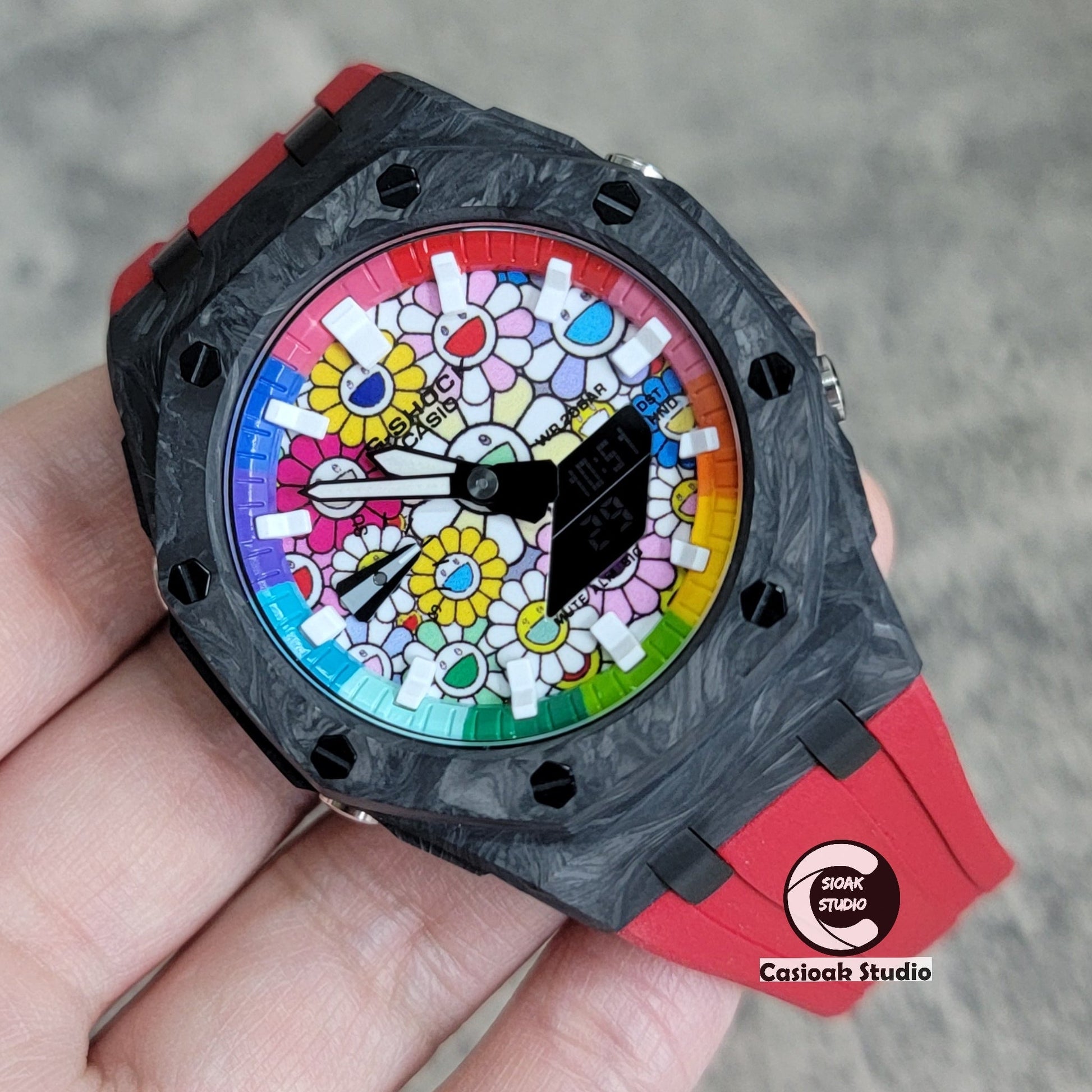 Casioak Mod Watch Carbon Fiber Offshore Superior Black Case Red Strap Blue Rainbow White Time Mark Takashi Murakami Dial 44mm- Casioak Mod Casio G-Shock Royal Oak Custom Mens Luxury Watches Ga2100