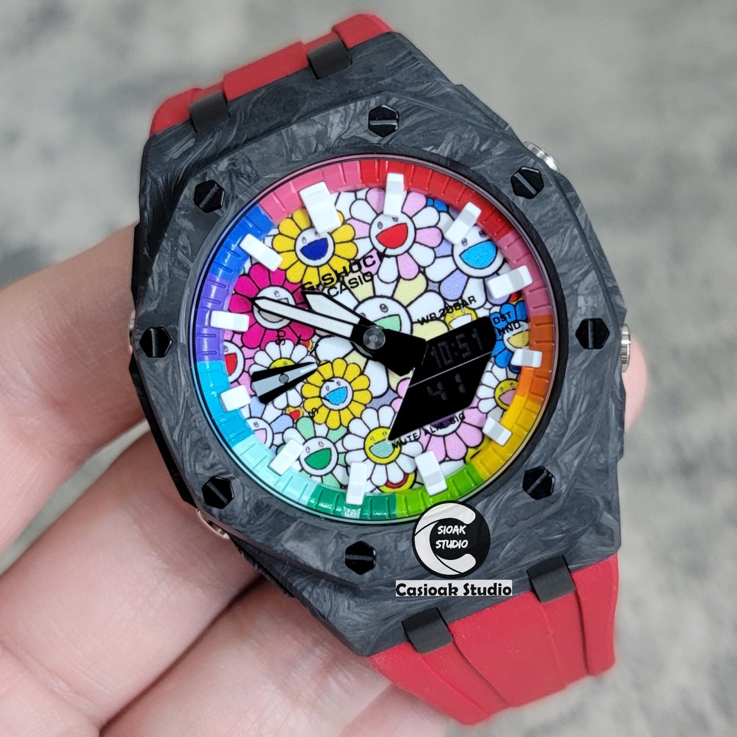 Casioak Mod Watch Carbon Fiber Offshore Superior Black Case Red Strap Blue Rainbow White Time Mark Takashi Murakami Dial 44mm- Casioak Mod Casio G-Shock Royal Oak Custom Mens Luxury Watches Ga2100