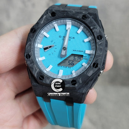 Casioak Mod Watch Carbon Fiber Offshore Superior Black Case Tiff Blue Strap Gray White Time Mark Tiff Blue Dial 44mm- Casioak Mod Casio G-Shock Royal Oak Custom Mens Luxury Watches Ga2100