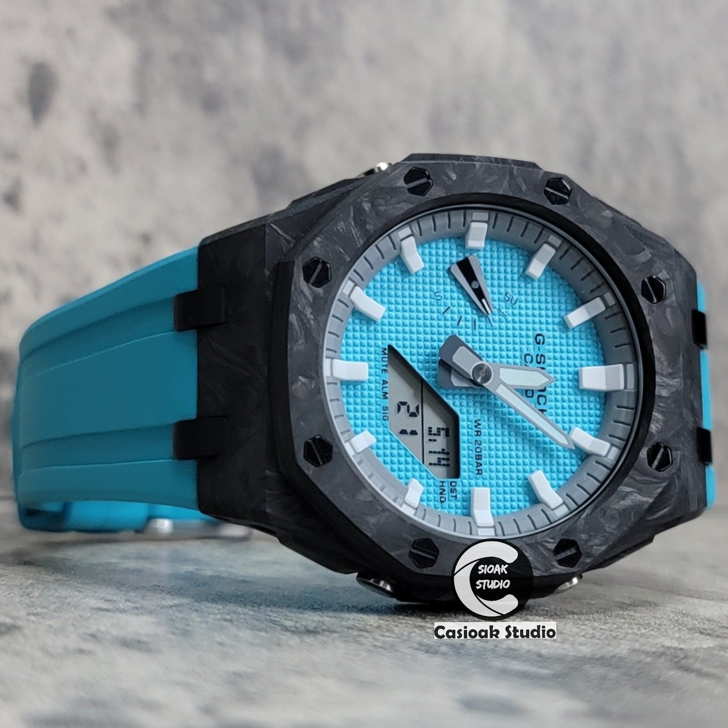 Casioak Mod Watch Carbon Fiber Offshore Superior Black Case Tiff Blue Strap Gray White Time Mark Tiff Blue Dial 44mm- Casioak Mod Casio G-Shock Royal Oak Custom Mens Luxury Watches Ga2100