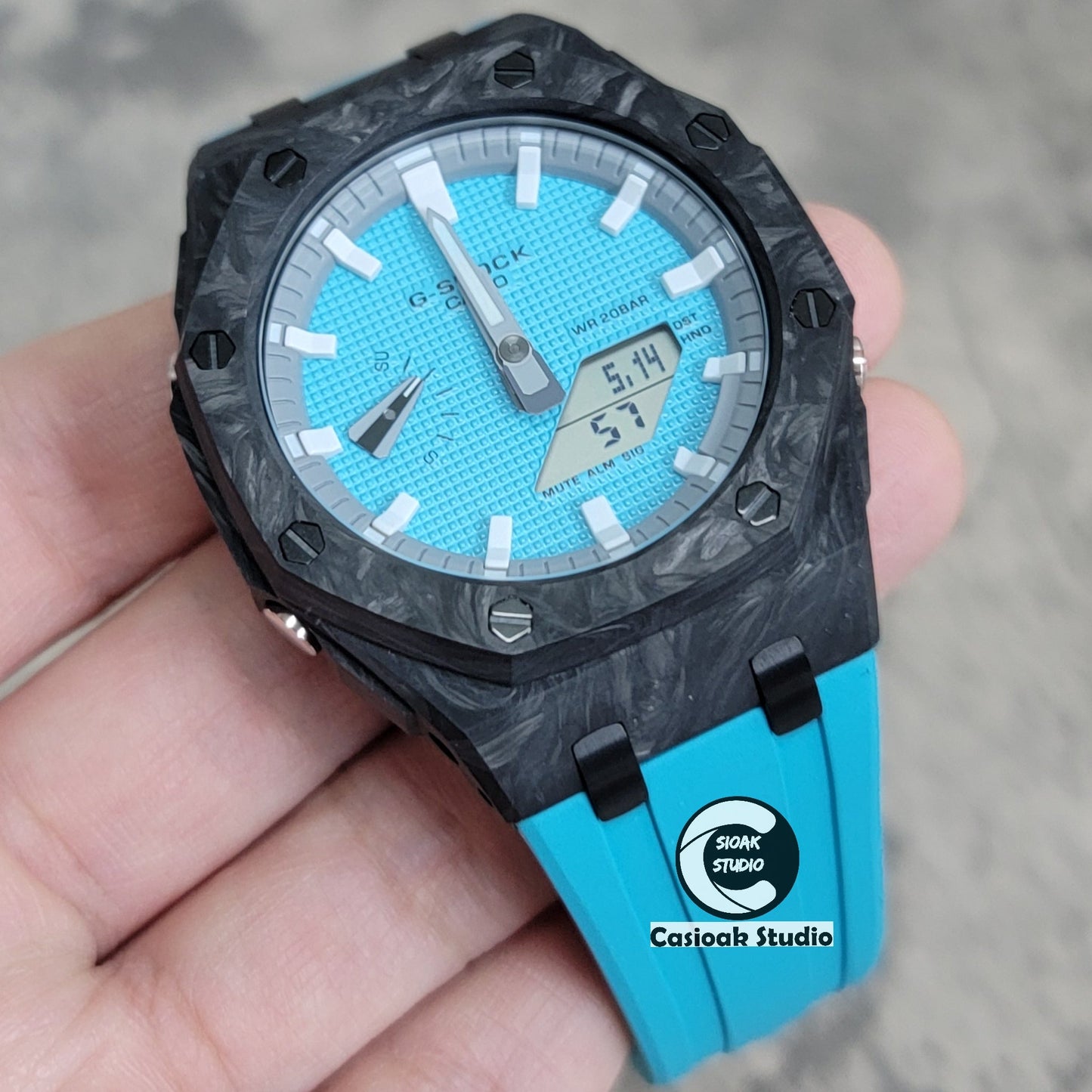 Casioak Mod Watch Carbon Fiber Offshore Superior Black Case Tiff Blue Strap Gray White Time Mark Tiff Blue Dial 44mm- Casioak Mod Casio G-Shock Royal Oak Custom Mens Luxury Watches Ga2100