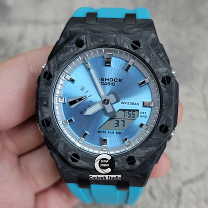 Casioak Mod Watch Carbon Fiber Offshore Superior Black Case Tiff Blue Strap Silver Time Mark Blue Dial 44mm- Casioak Mod Casio G-Shock Royal Oak Custom Mens Luxury Watches Ga2100