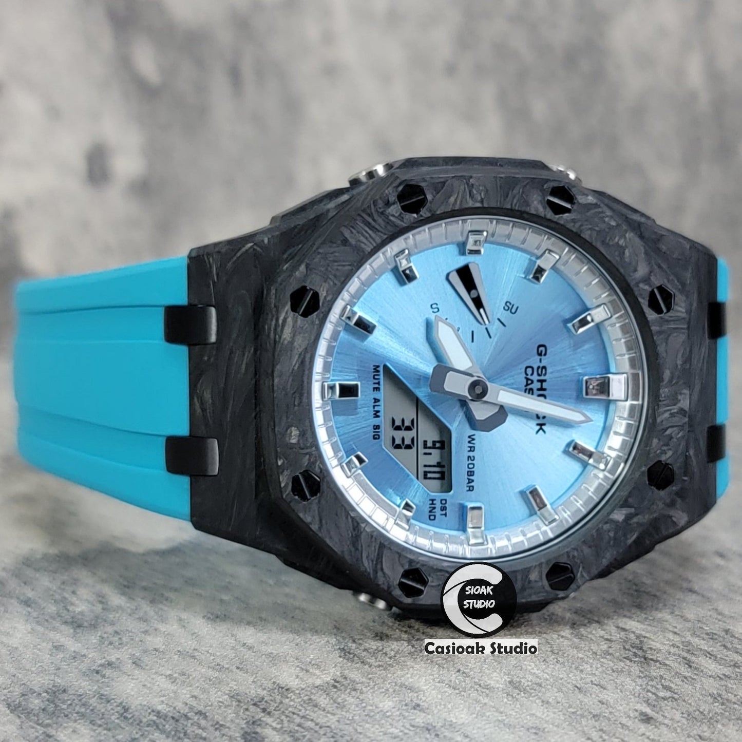 Casioak Mod Watch Carbon Fiber Offshore Superior Black Case Tiff Blue Strap Silver Time Mark Blue Dial 44mm- Casioak Mod Casio G-Shock Royal Oak Custom Mens Luxury Watches Ga2100