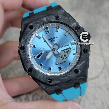 Casioak Mod Watch Carbon Fiber Offshore Superior Black Case Tiff Blue Strap Silver Time Mark Blue Dial 44mm- Casioak Mod Casio G-Shock Royal Oak Custom Mens Luxury Watches Ga2100