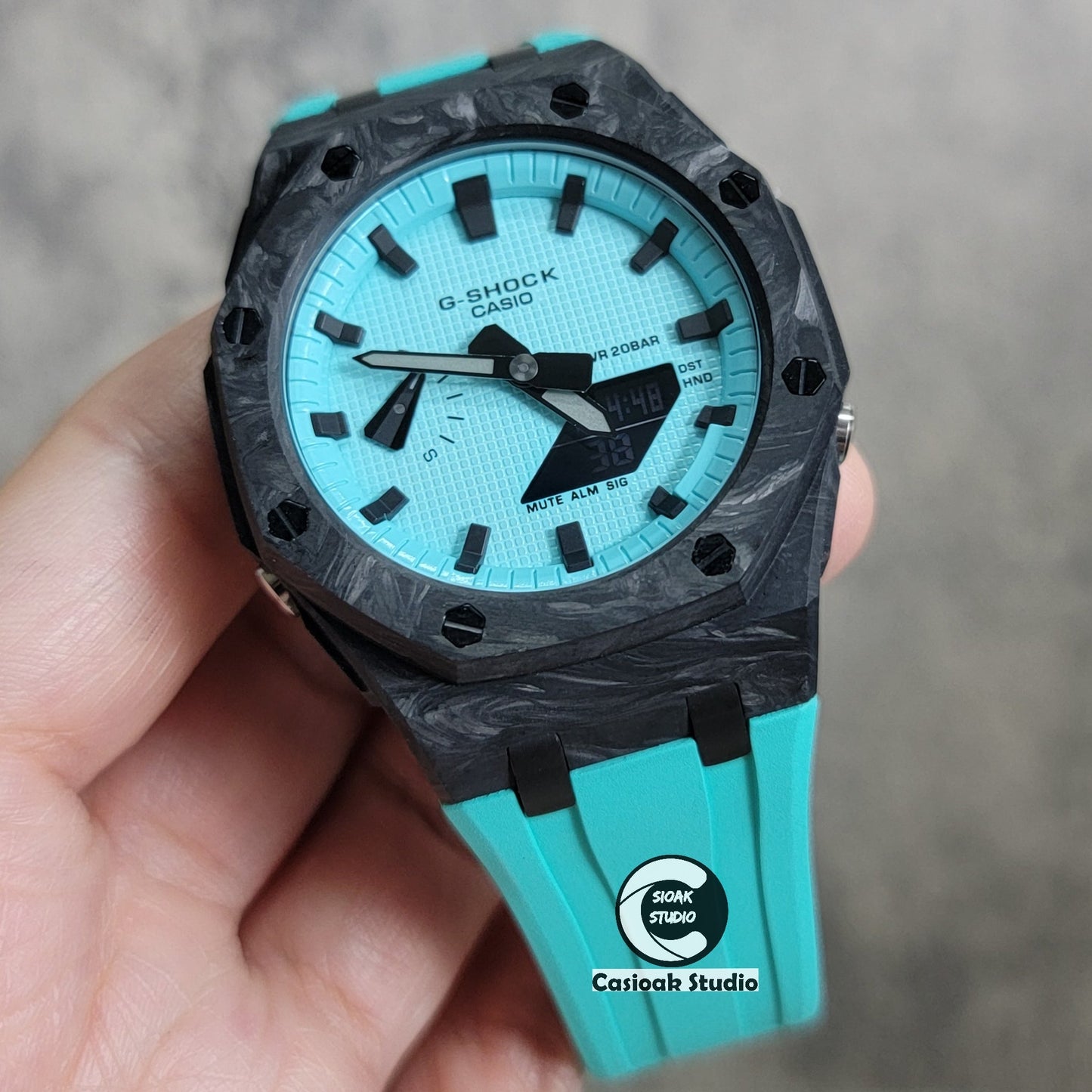 Casioak Mod Watch Carbon Fiber Offshore Superior Black Case Tiff Rubber Strap Tiff Blue Time Mark Black Dial 44mm- Casioak Mod Casio G-Shock Royal Oak Custom Mens Luxury Watches Ga2100