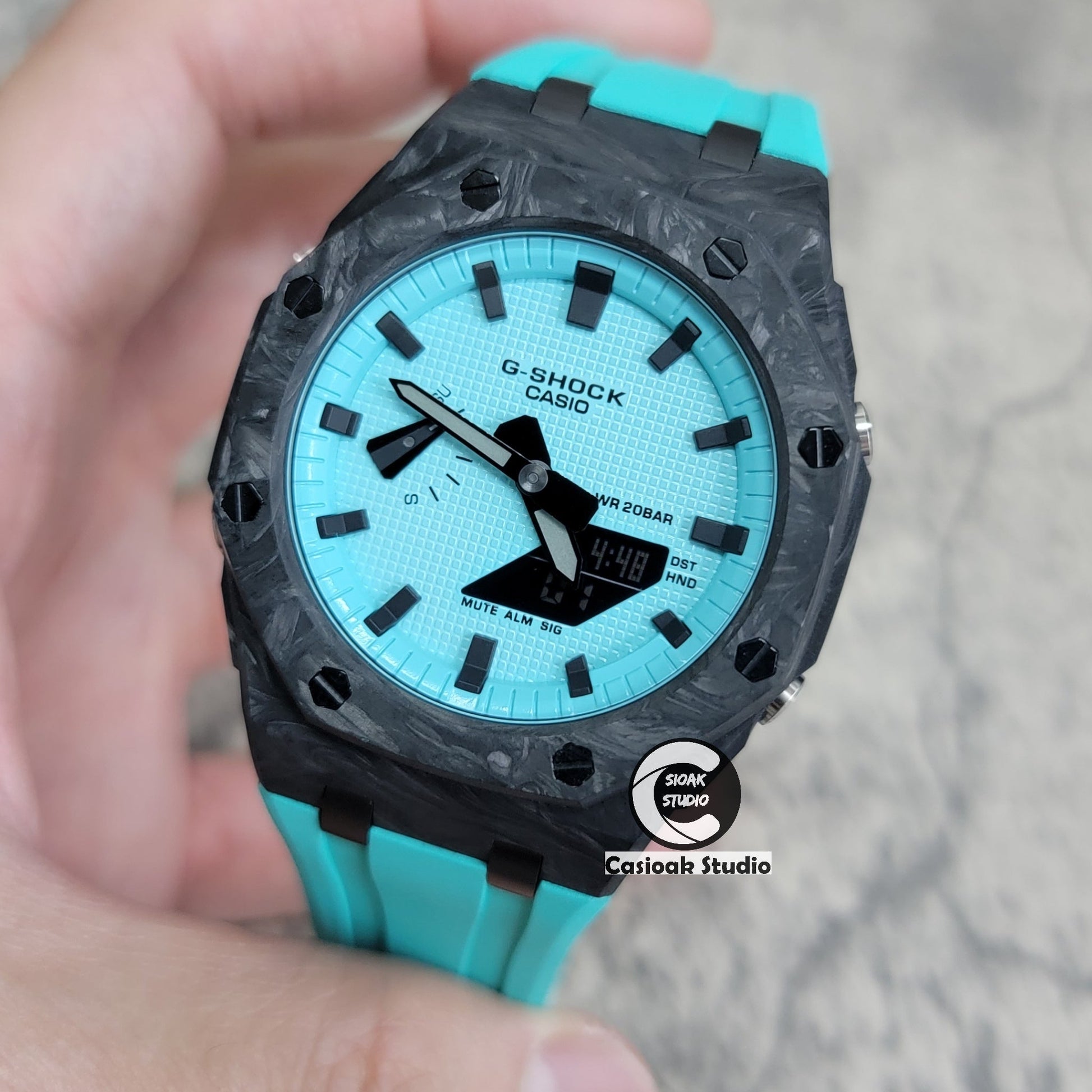 Casioak Mod Watch Carbon Fiber Offshore Superior Black Case Tiff Rubber Strap Tiff Blue Time Mark Black Dial 44mm- Casioak Mod Casio G-Shock Royal Oak Custom Mens Luxury Watches Ga2100