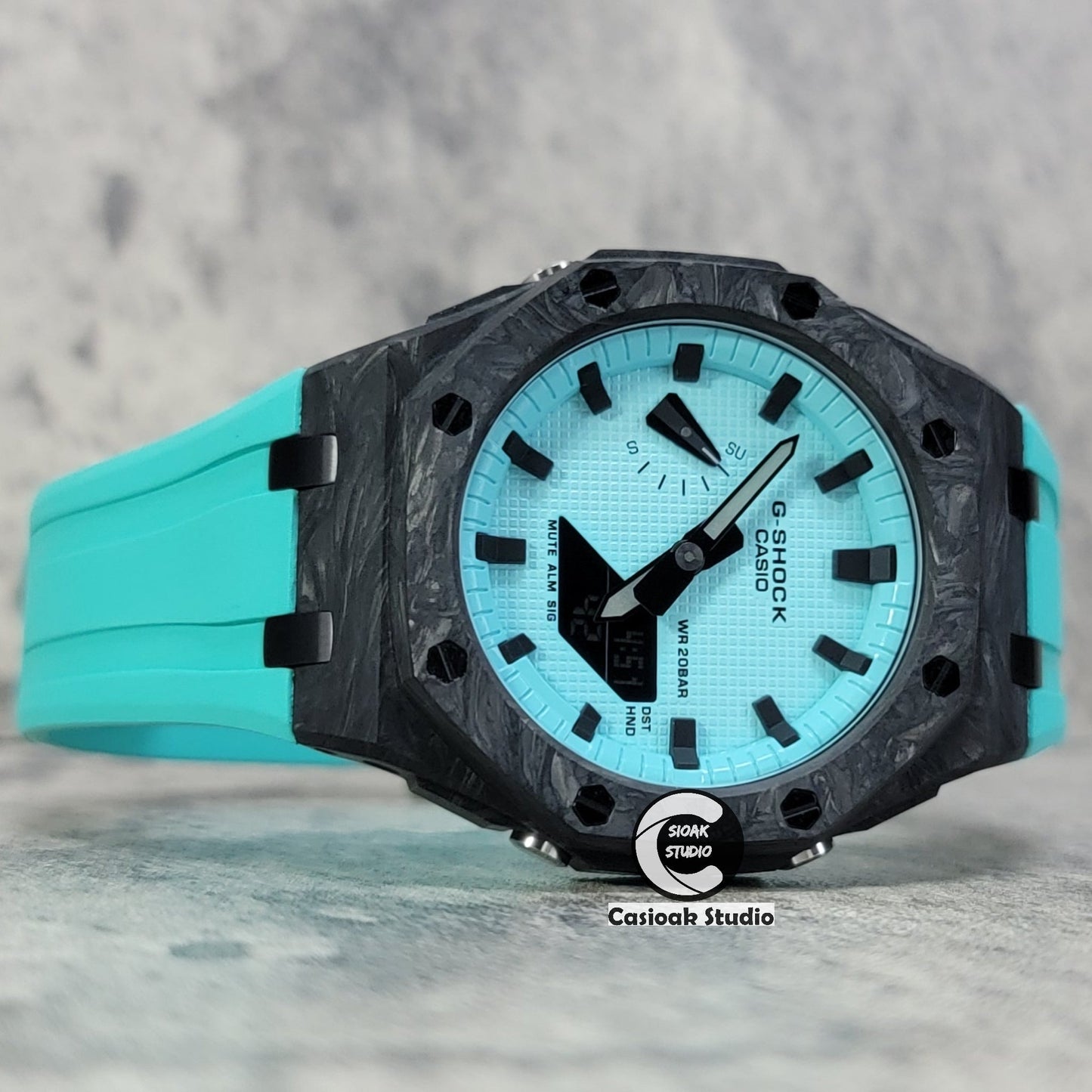 Casioak Mod Watch Carbon Fiber Offshore Superior Black Case Tiff Rubber Strap Tiff Blue Time Mark Black Dial 44mm- Casioak Mod Casio G-Shock Royal Oak Custom Mens Luxury Watches Ga2100