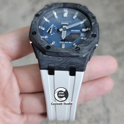 Casioak Mod Watch Carbon Fiber Offshore Superior Black Case White Strap Black Silver Time Mark Blue Waffle Dial 44mm- Casioak Mod Casio G-Shock Royal Oak Custom Mens Luxury Watches Ga2100