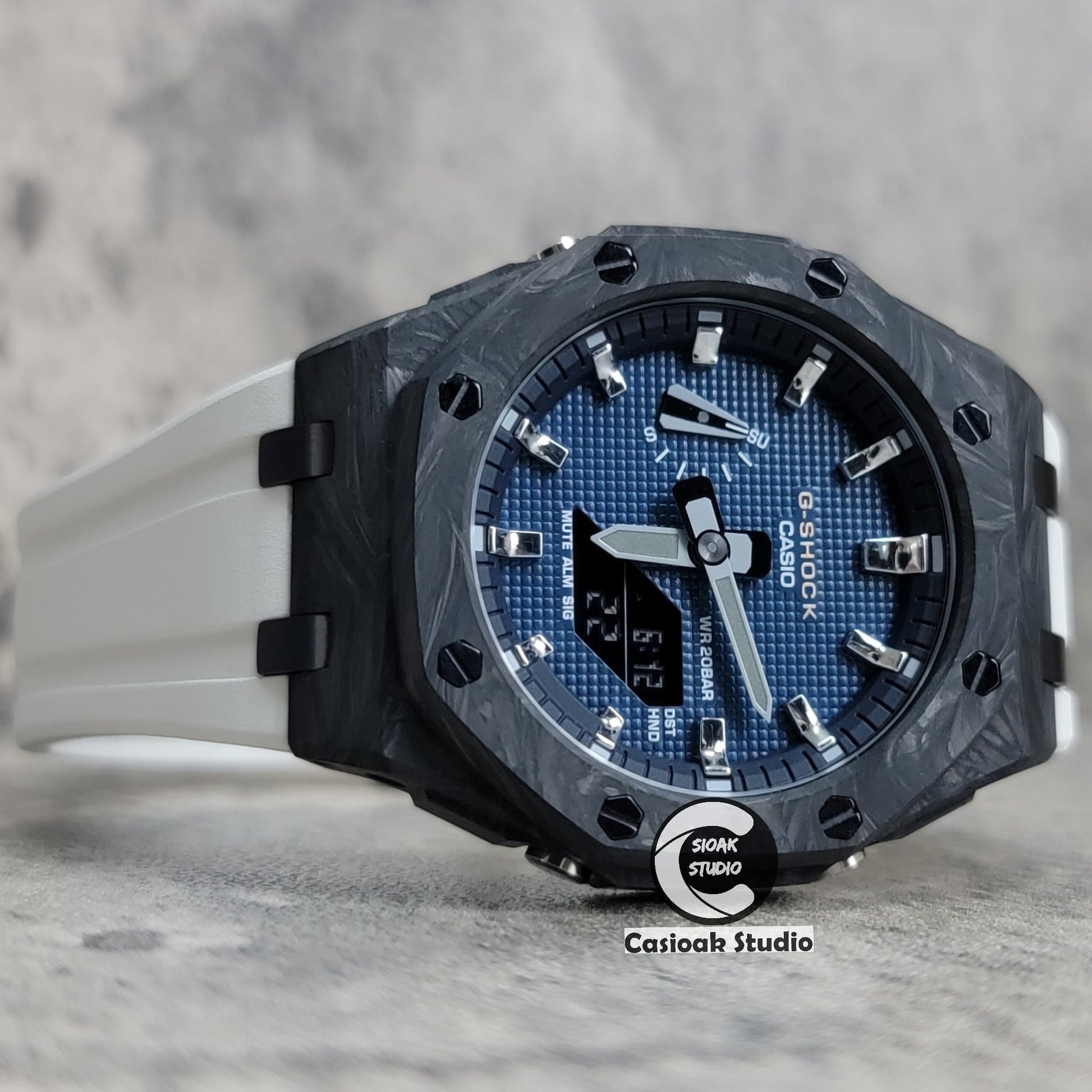 Casioak Mod Watch Carbon Fiber Offshore Superior Black Case White Strap Black Silver Time Mark Blue Waffle Dial 44mm- Casioak Mod Casio G-Shock Royal Oak Custom Mens Luxury Watches Ga2100