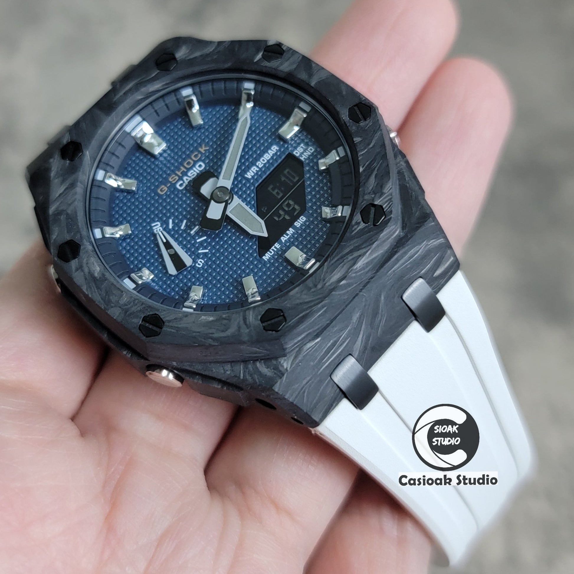 Casioak Mod Watch Carbon Fiber Offshore Superior Black Case White Strap Black Silver Time Mark Blue Waffle Dial 44mm- Casioak Mod Casio G-Shock Royal Oak Custom Mens Luxury Watches Ga2100