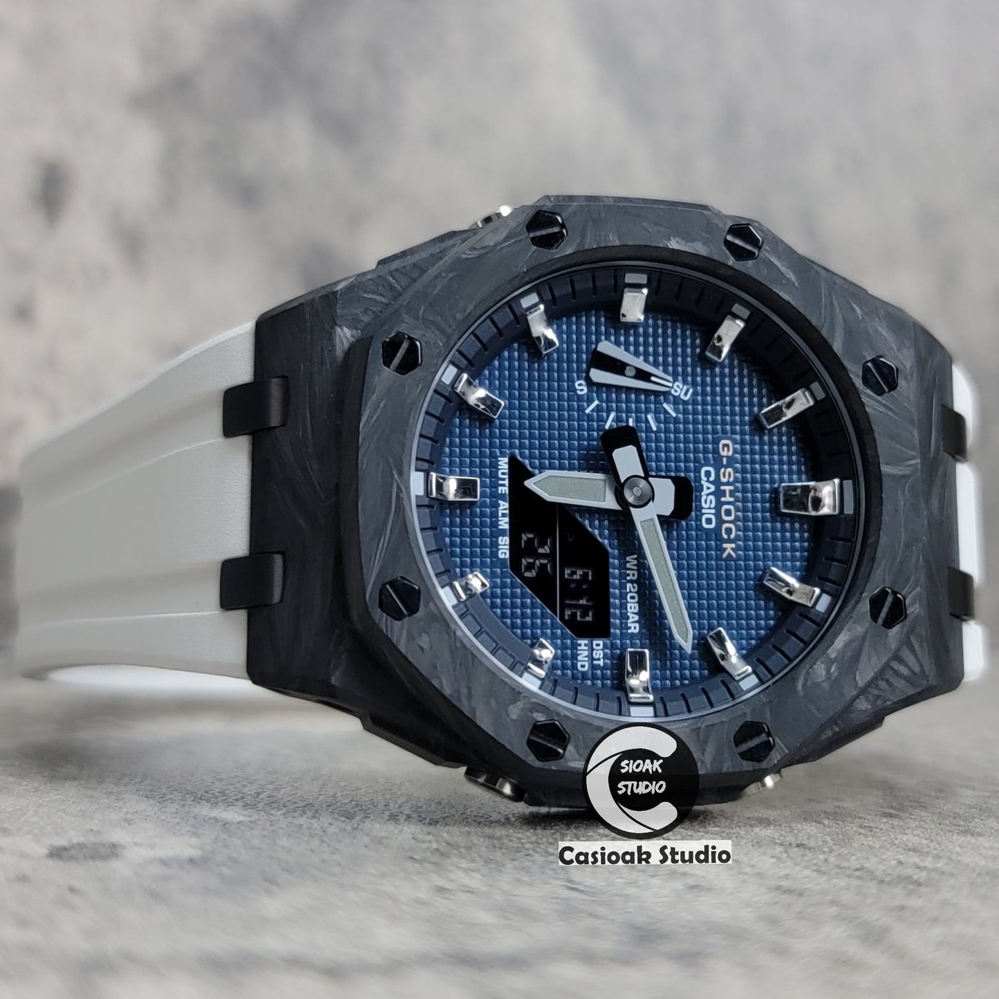 Casioak Mod Watch Carbon Fiber Offshore Superior Black Case White Strap Black Silver Time Mark Blue Waffle Dial 44mm- Casioak Mod Casio G-Shock Royal Oak Custom Mens Luxury Watches Ga2100