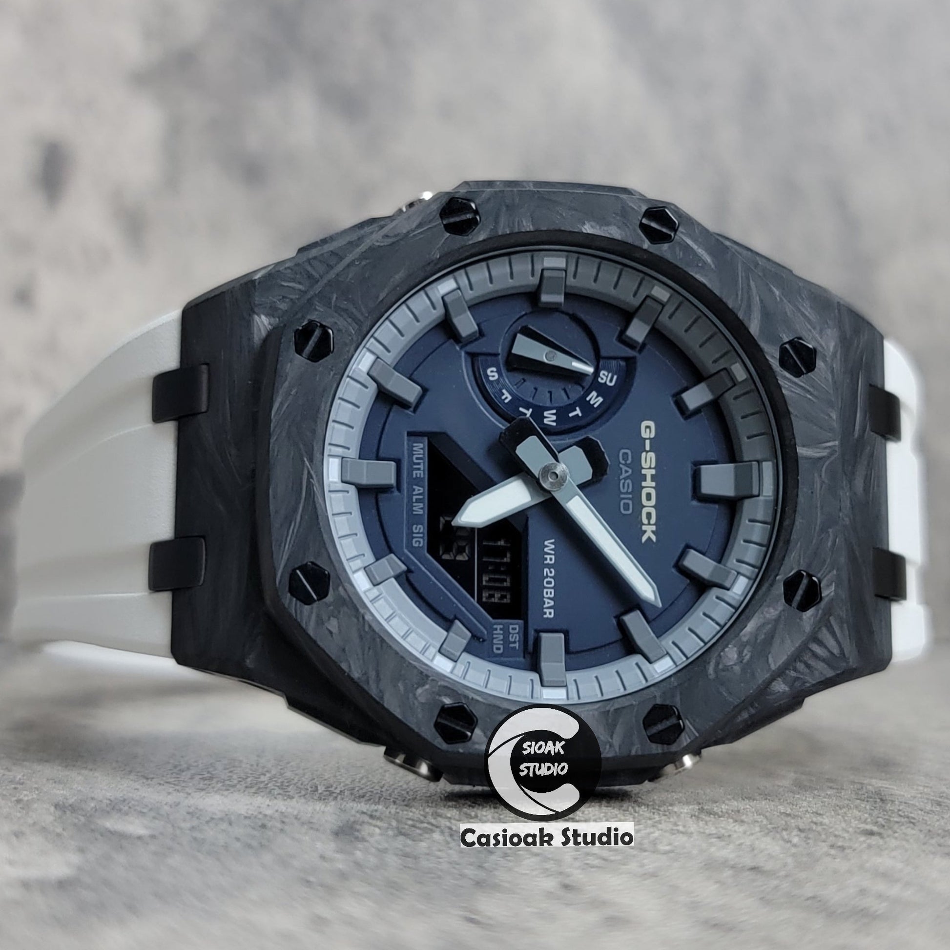 Casioak Mod Watch Carbon Fiber Offshore Superior Black Case White Strap Gray Time Mark Blue Dial 44mm- Casioak Mod Casio G-Shock Royal Oak Custom Mens Luxury Watches Ga2100