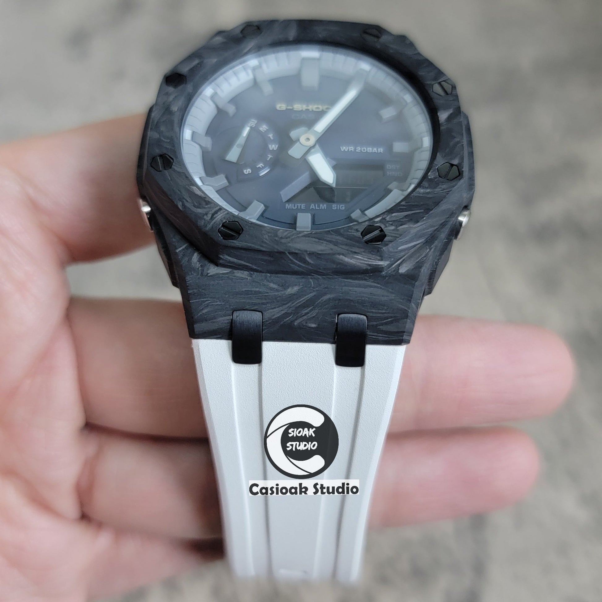 Casioak Mod Watch Carbon Fiber Offshore Superior Black Case White Strap Gray Time Mark Blue Dial 44mm- Casioak Mod Casio G-Shock Royal Oak Custom Mens Luxury Watches Ga2100