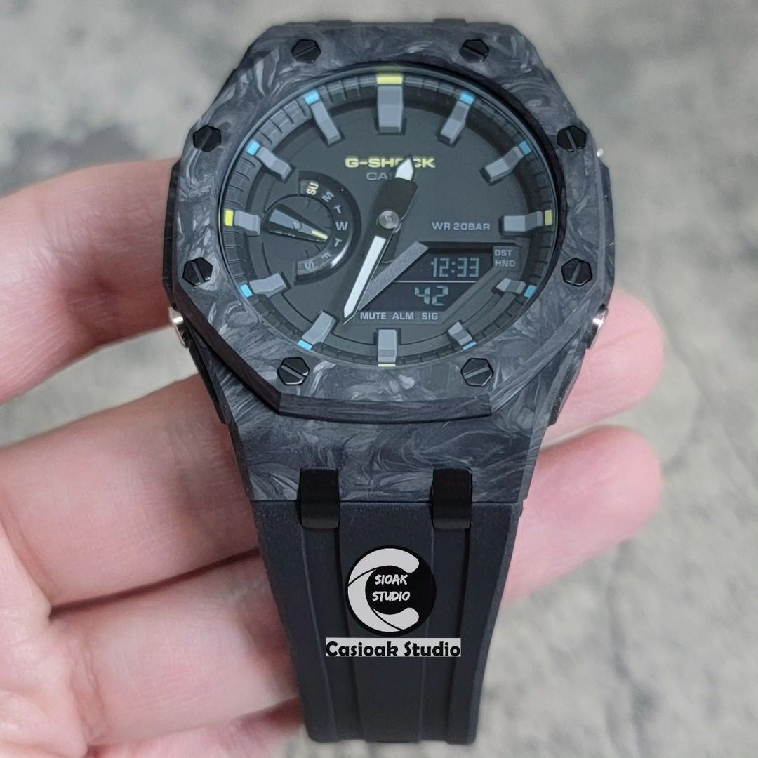 Casioak Mod Watch Carbon Fiber Superior Black Case Black Strap Black Gray Time Mark Black Dial 44mm- Casioak Mod Casio G-Shock Royal Oak Custom Mens Luxury Watches Ga2100