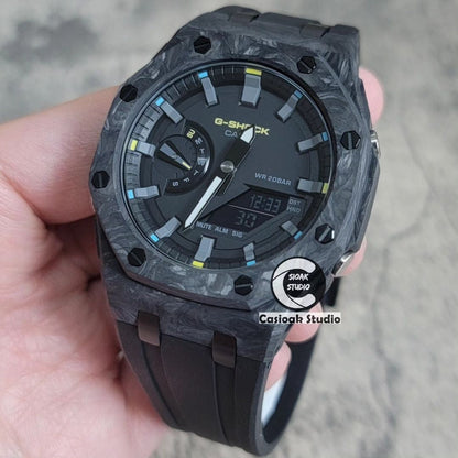 Casioak Mod Watch Carbon Fiber Superior Black Case Black Strap Black Gray Time Mark Black Dial 44mm- Casioak Mod Casio G-Shock Royal Oak Custom Mens Luxury Watches Ga2100