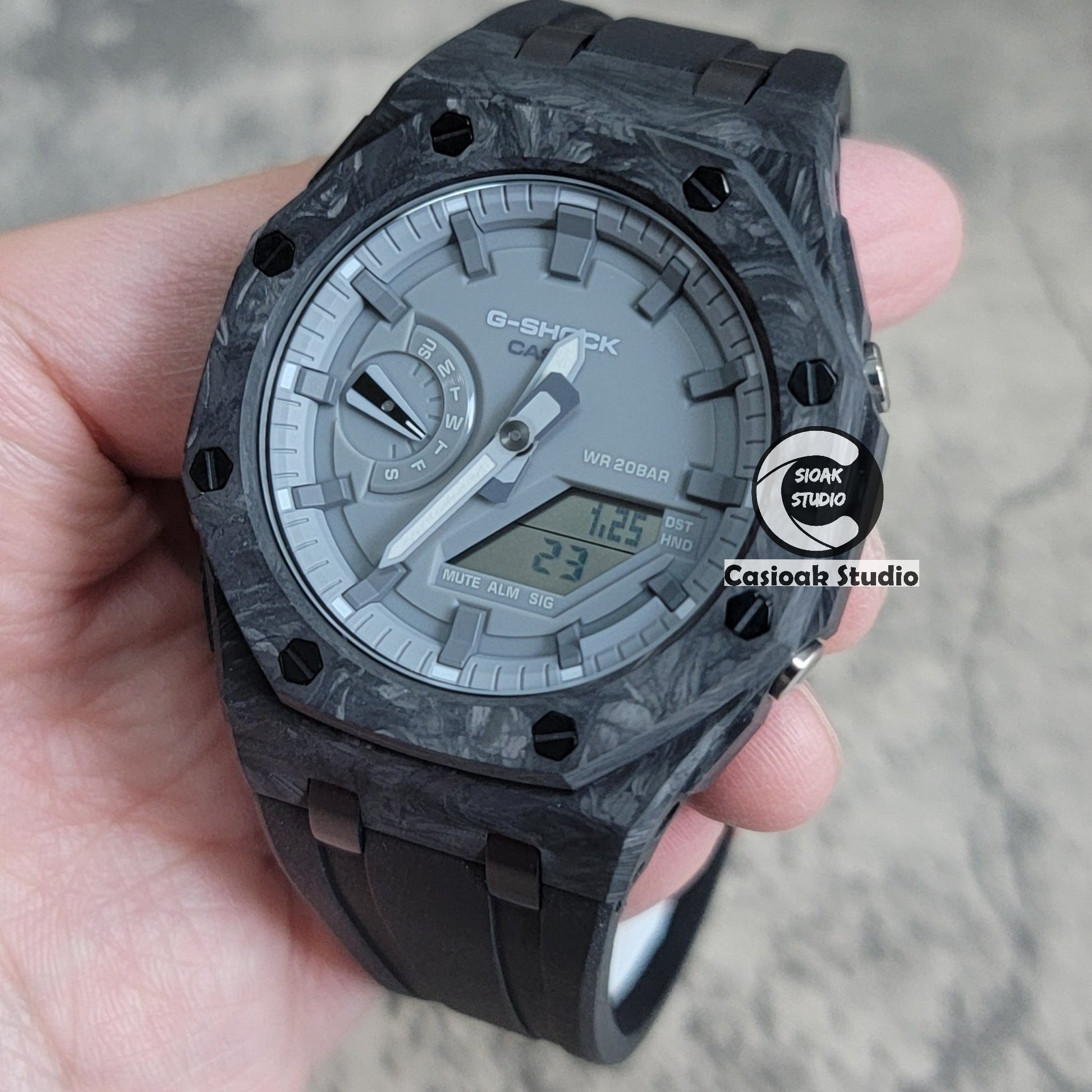 Casioak Mod Watch Carbon Fiber Superior Black Case Black Strap Gray Time Mark Gray Dial 44mm- Casioak Mod Casio G-Shock Royal Oak Custom Mens Luxury Watches Ga2100